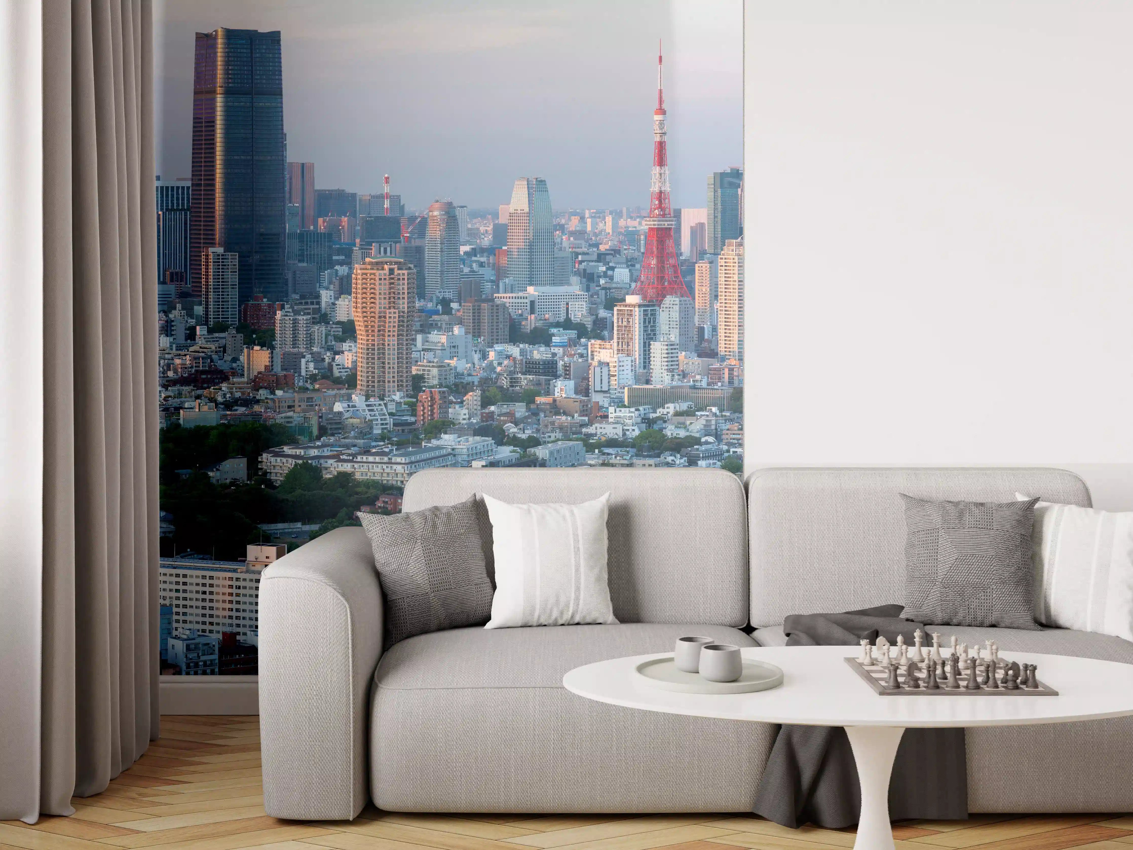 Wandverkleidung Wohnzimmer - Moderne Skyline Tokios bei Sonnenuntergang