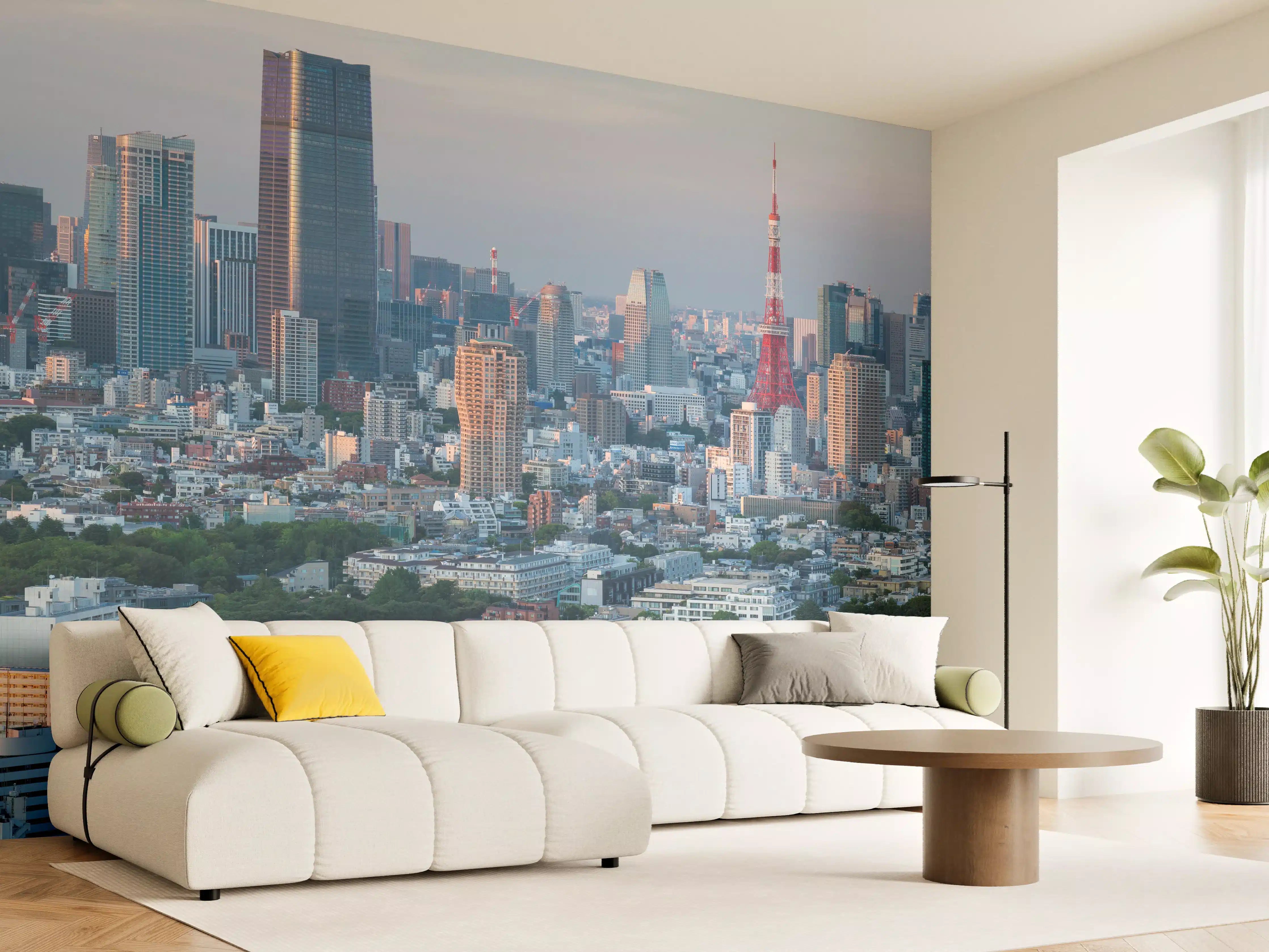 Wandverkleidung Wohnzimmer - Moderne Skyline Tokios bei Sonnenuntergang