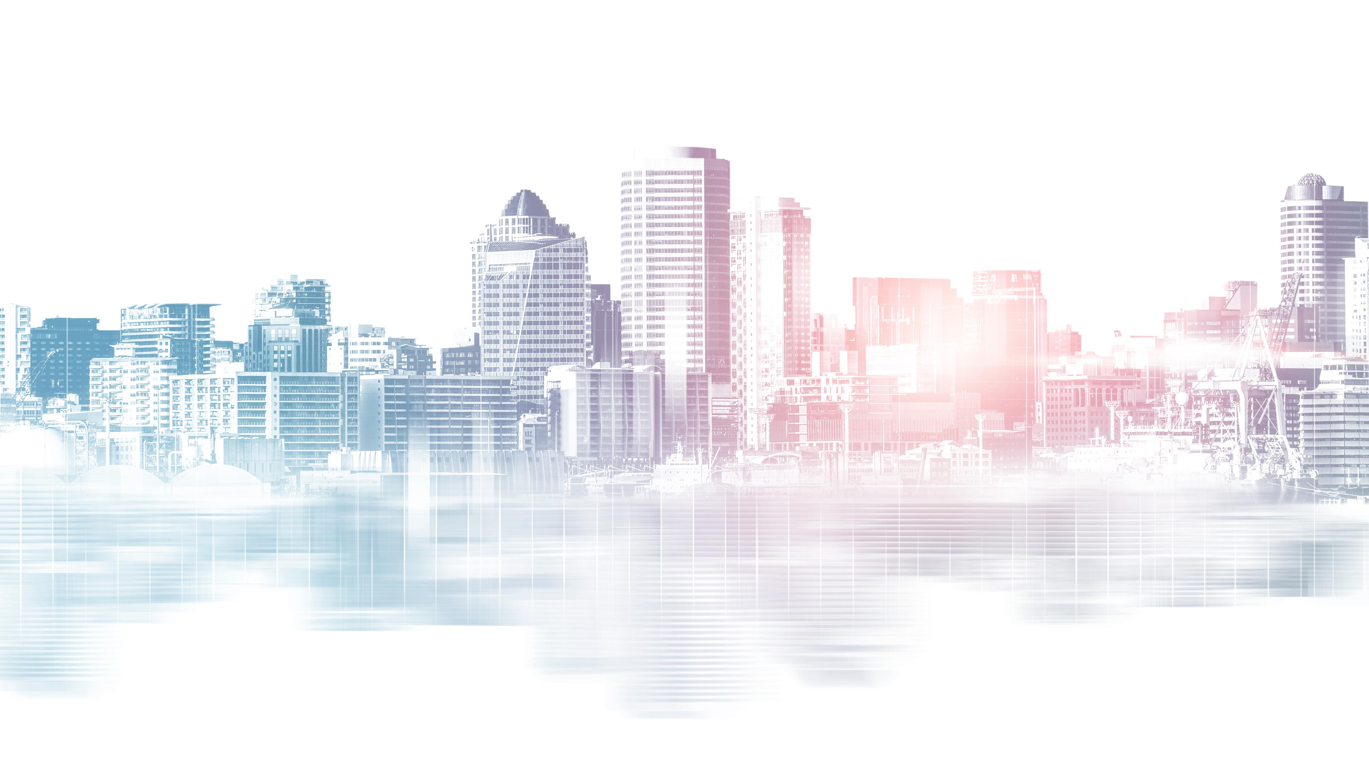 Wandverkleidung Wohnzimmer-Moderne Skyline bei Sonnenaufgang