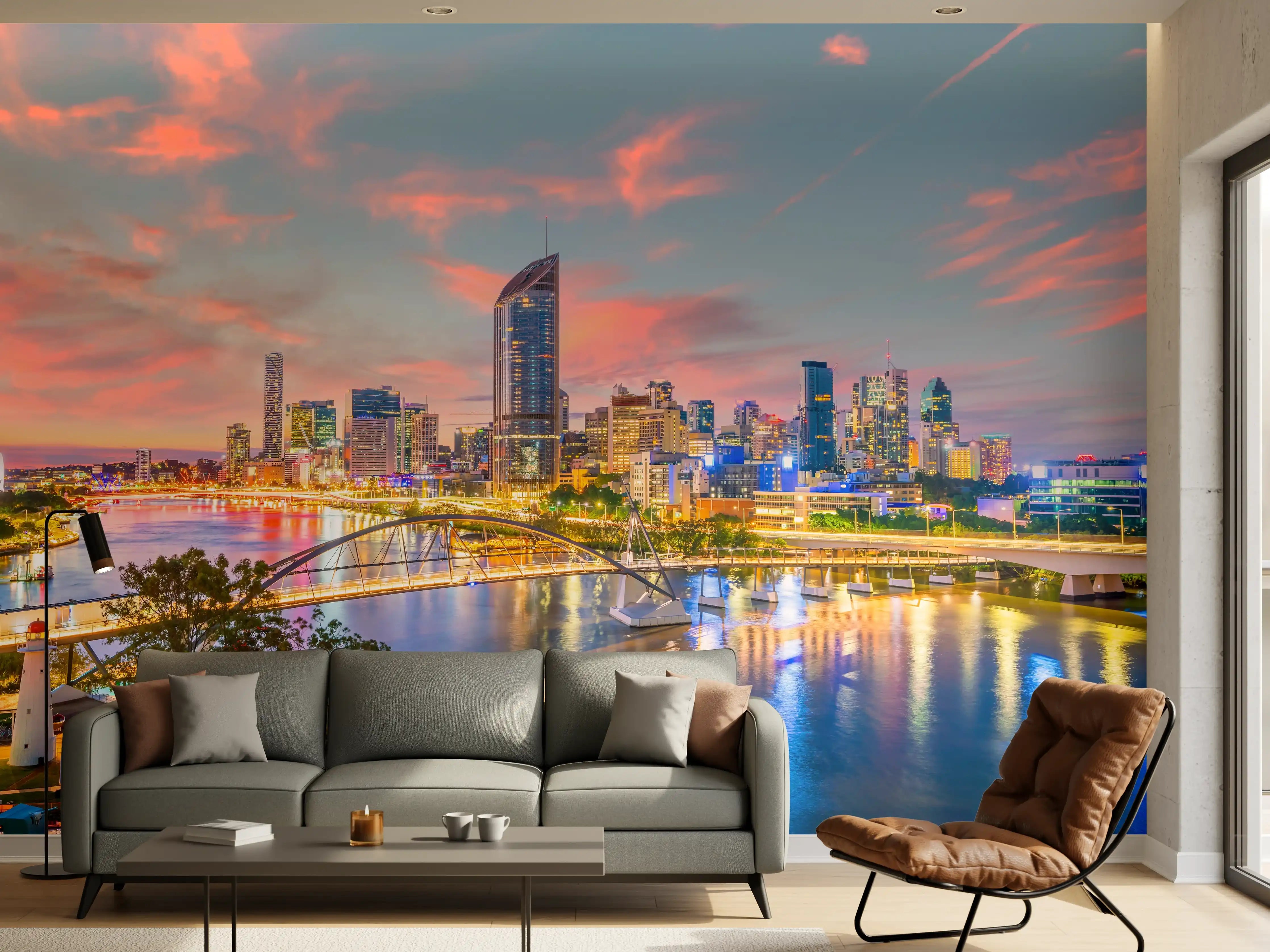 Wandverkleidung Wohnzimmer - Moderne Skyline bei Sonnenuntergang mit Flussblick