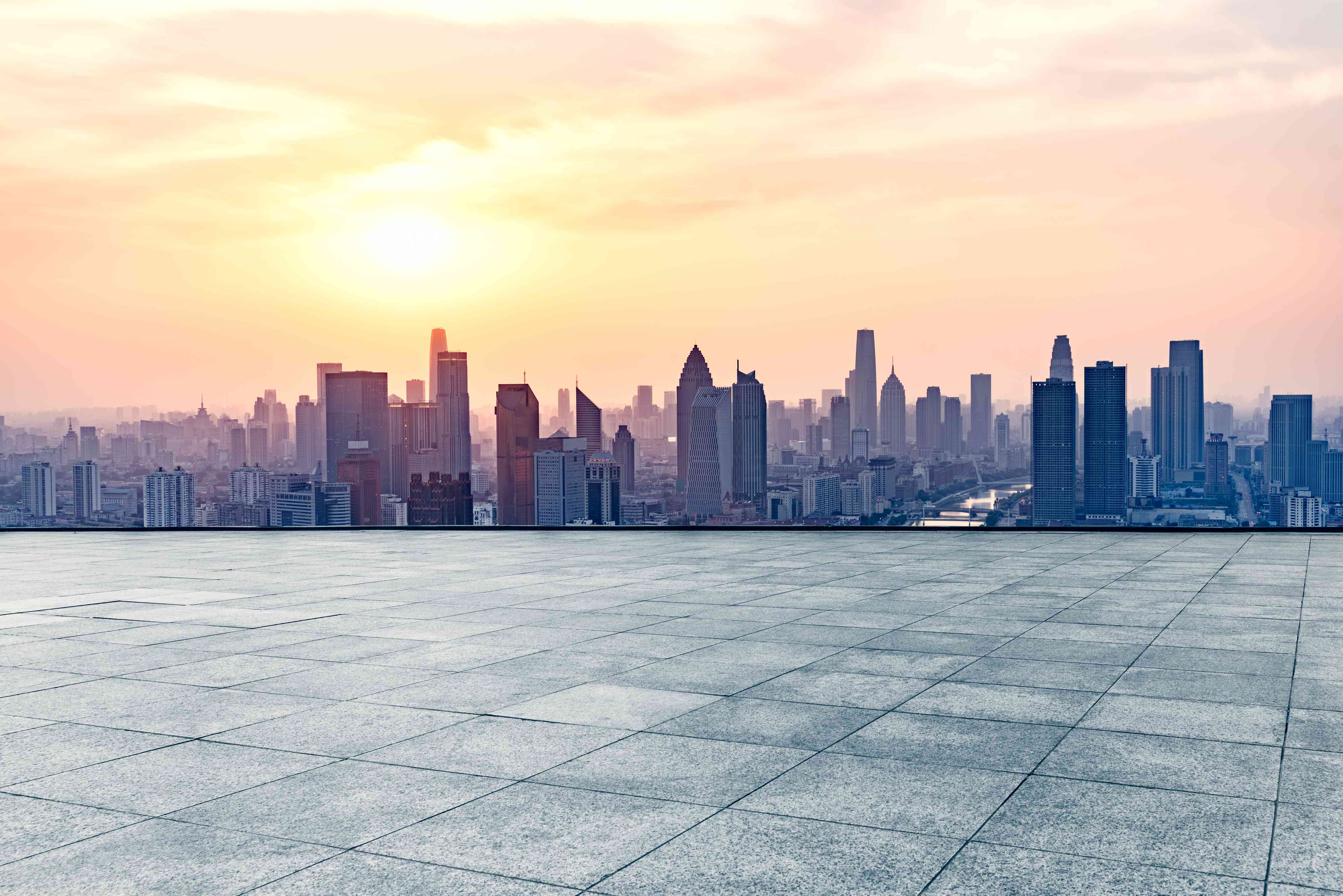 Wandverkleidung Wohnzimmer-Moderne Stadt bei Sonnenuntergang