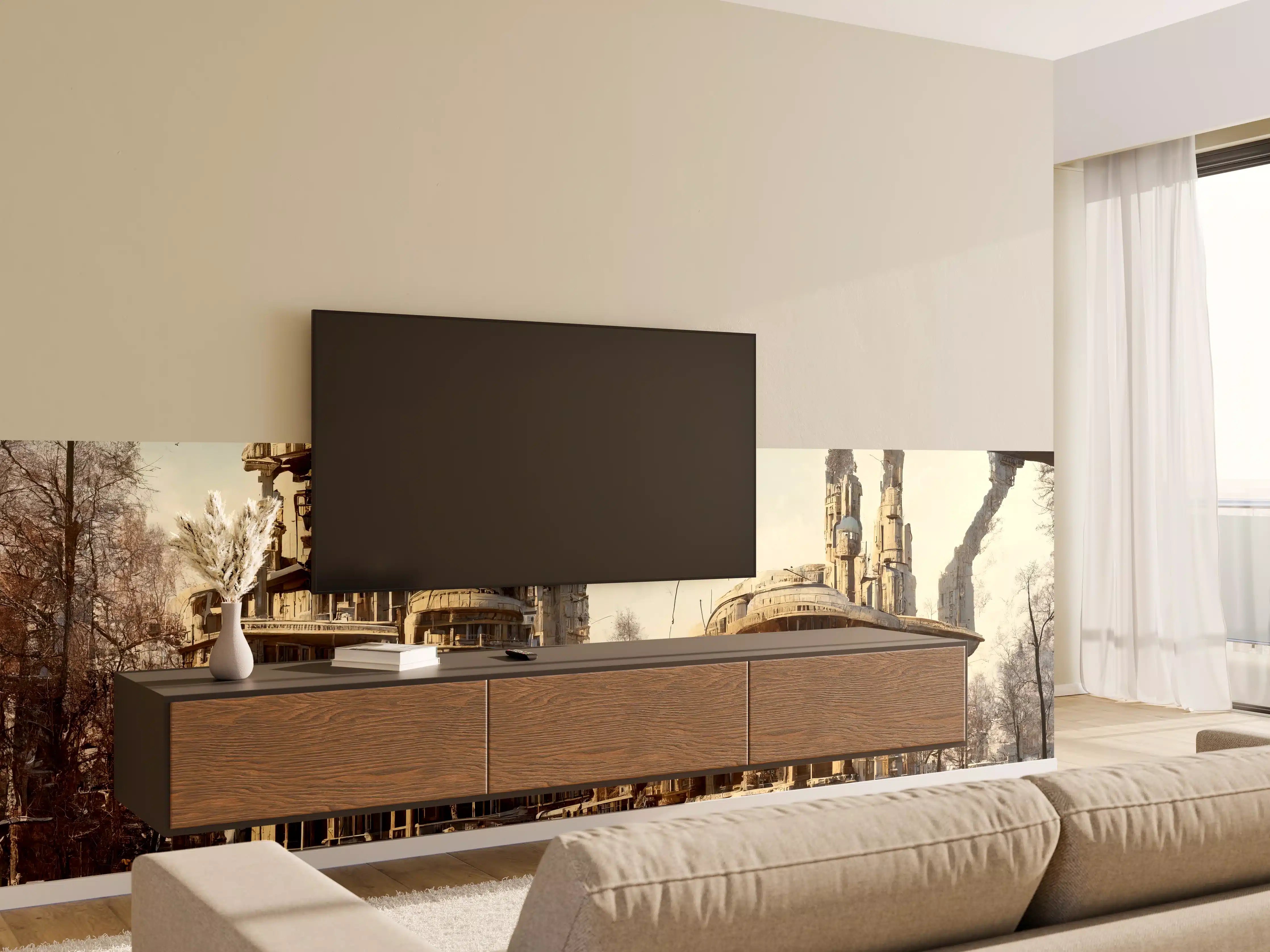 Wandverkleidung Wohnzimmer - Moderne Stadt in der Zukunft