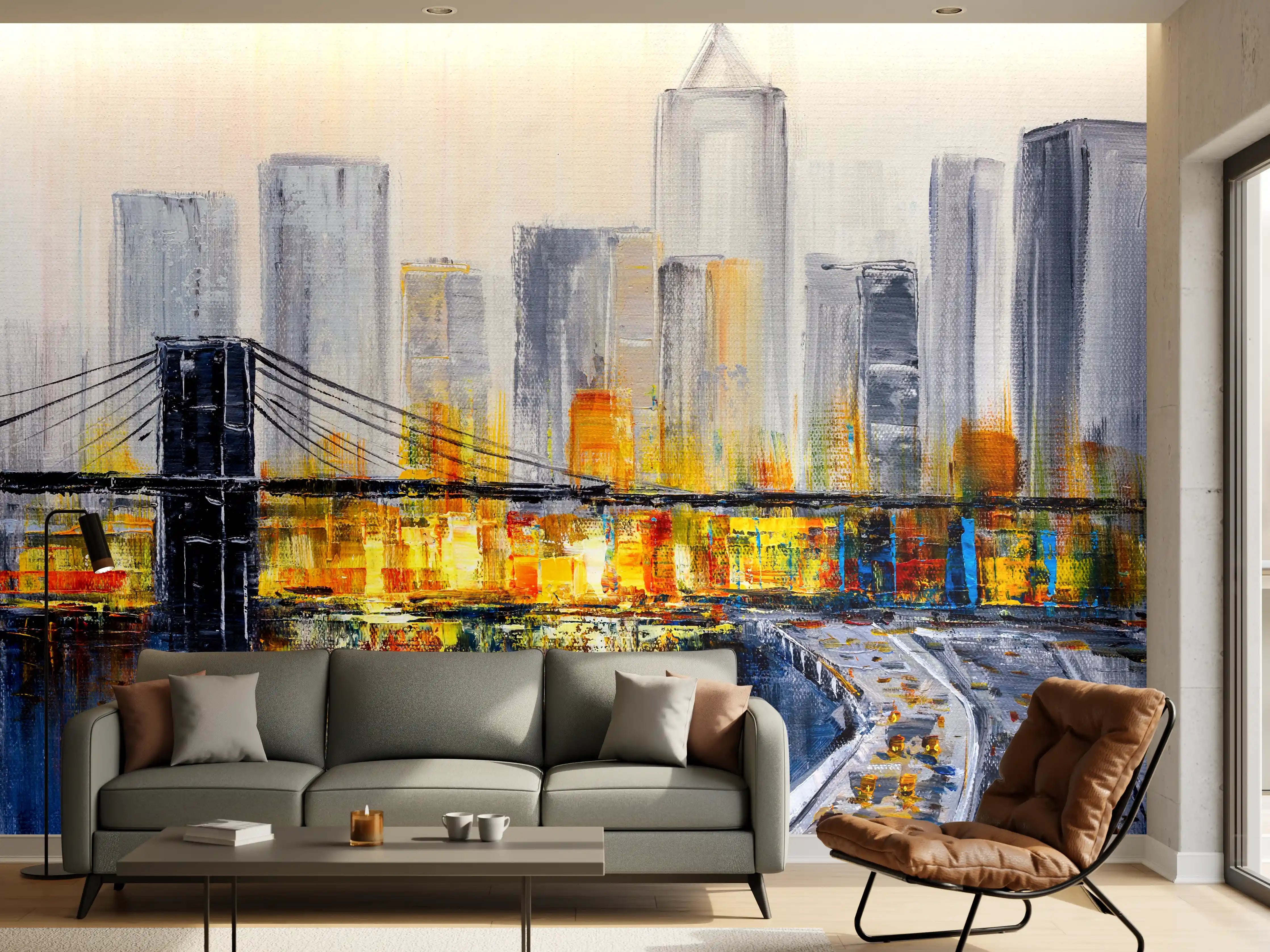Wandverkleidung Wohnzimmer - Moderne Stadtansicht bei Sonnenuntergang