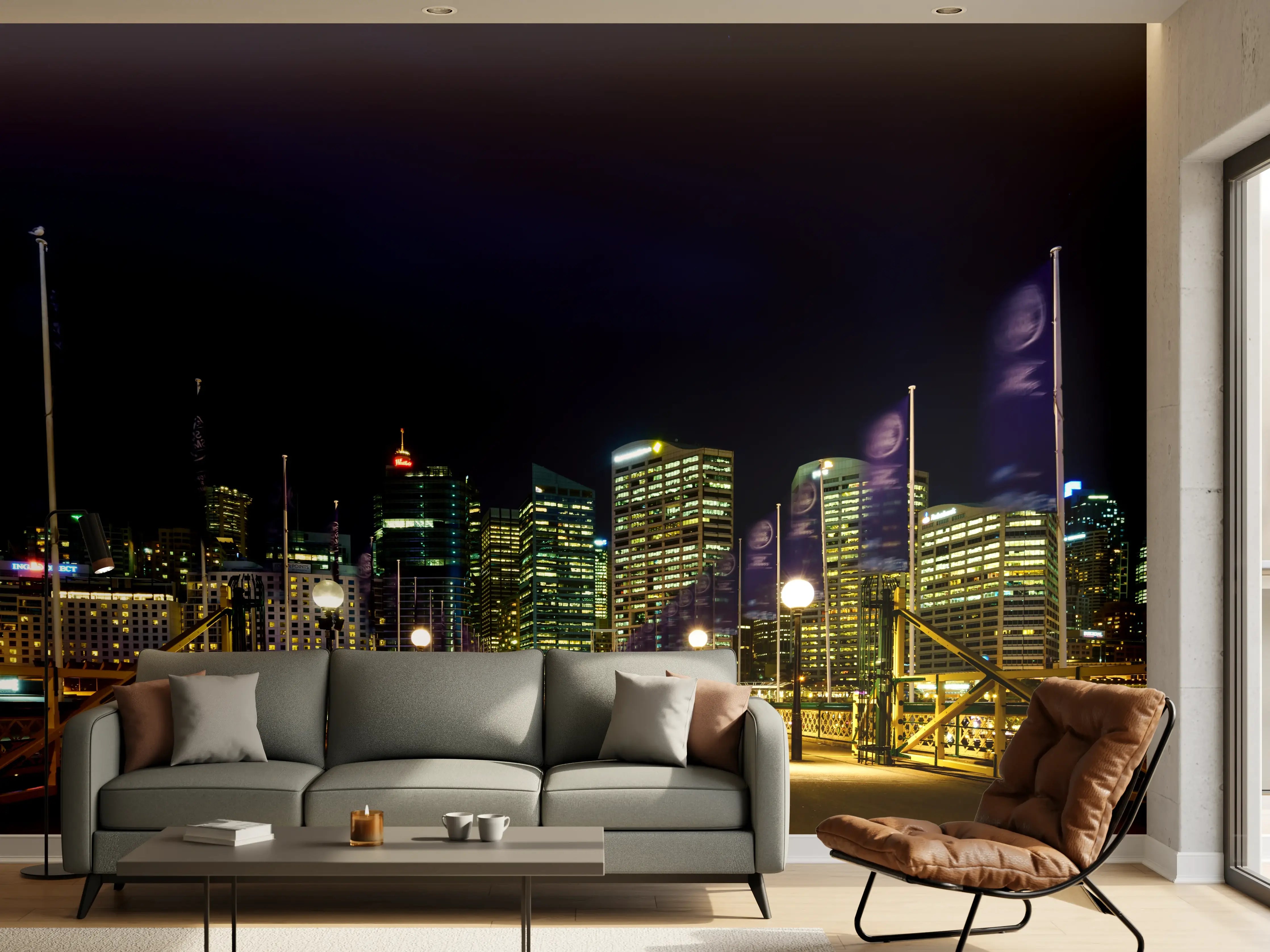 Wandverkleidung Wohnzimmer - Moderne Stadtsilhouetten bei Nacht