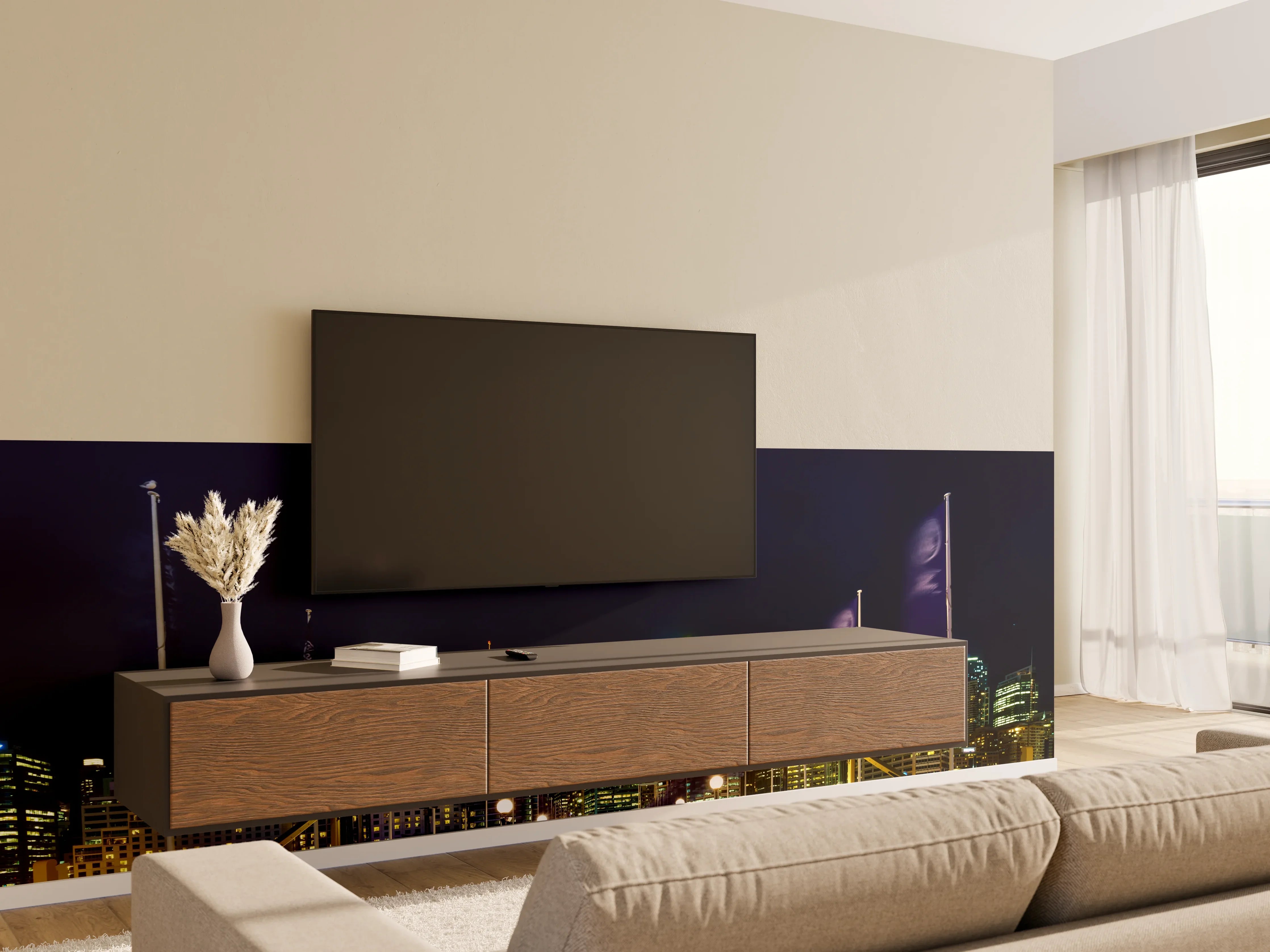 Wandverkleidung Wohnzimmer - Moderne Stadtsilhouetten bei Nacht