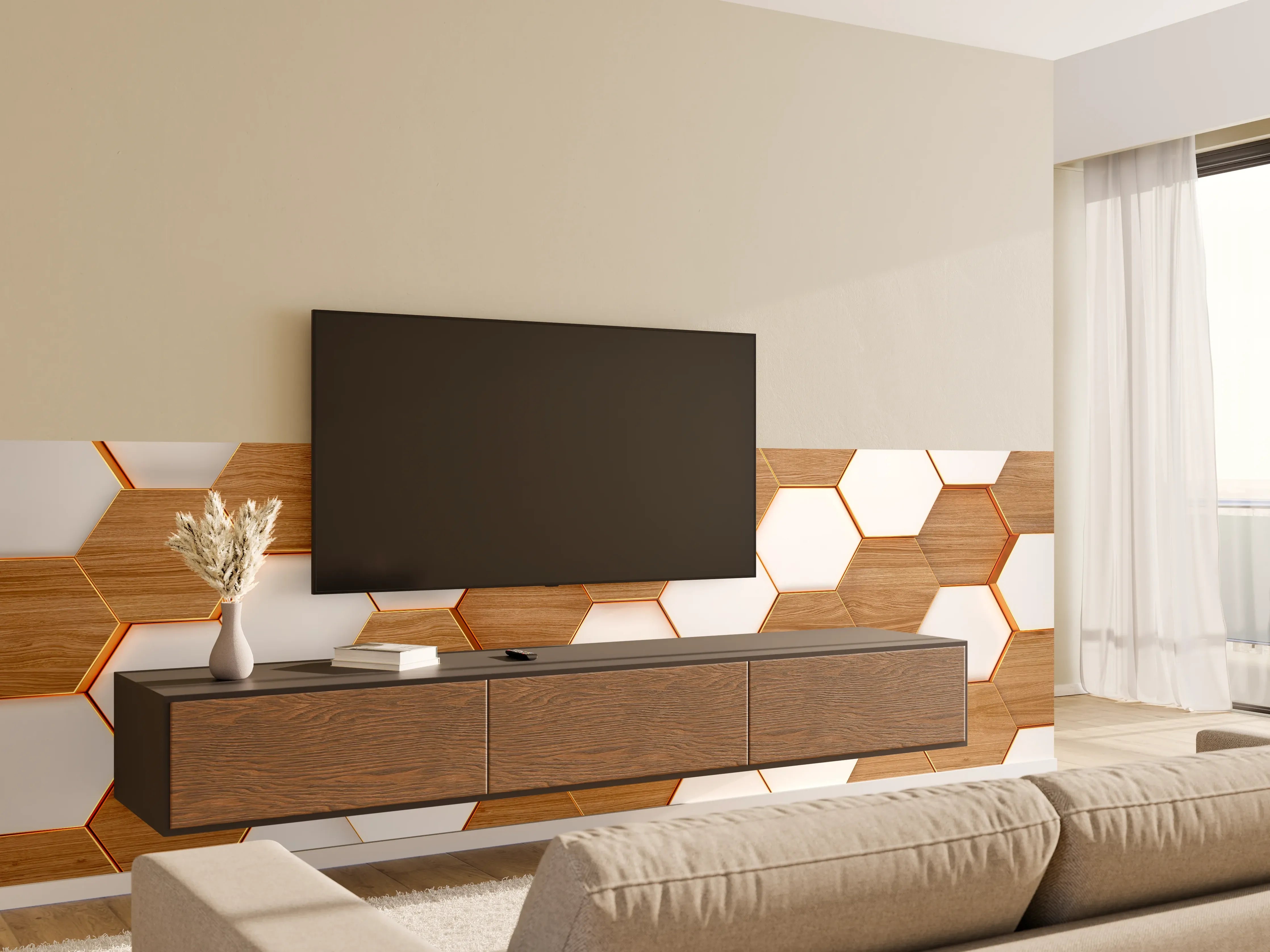 Wandverkleidung Wohnzimmer - Moderne Wandgestaltung mit Holz- und Weißton