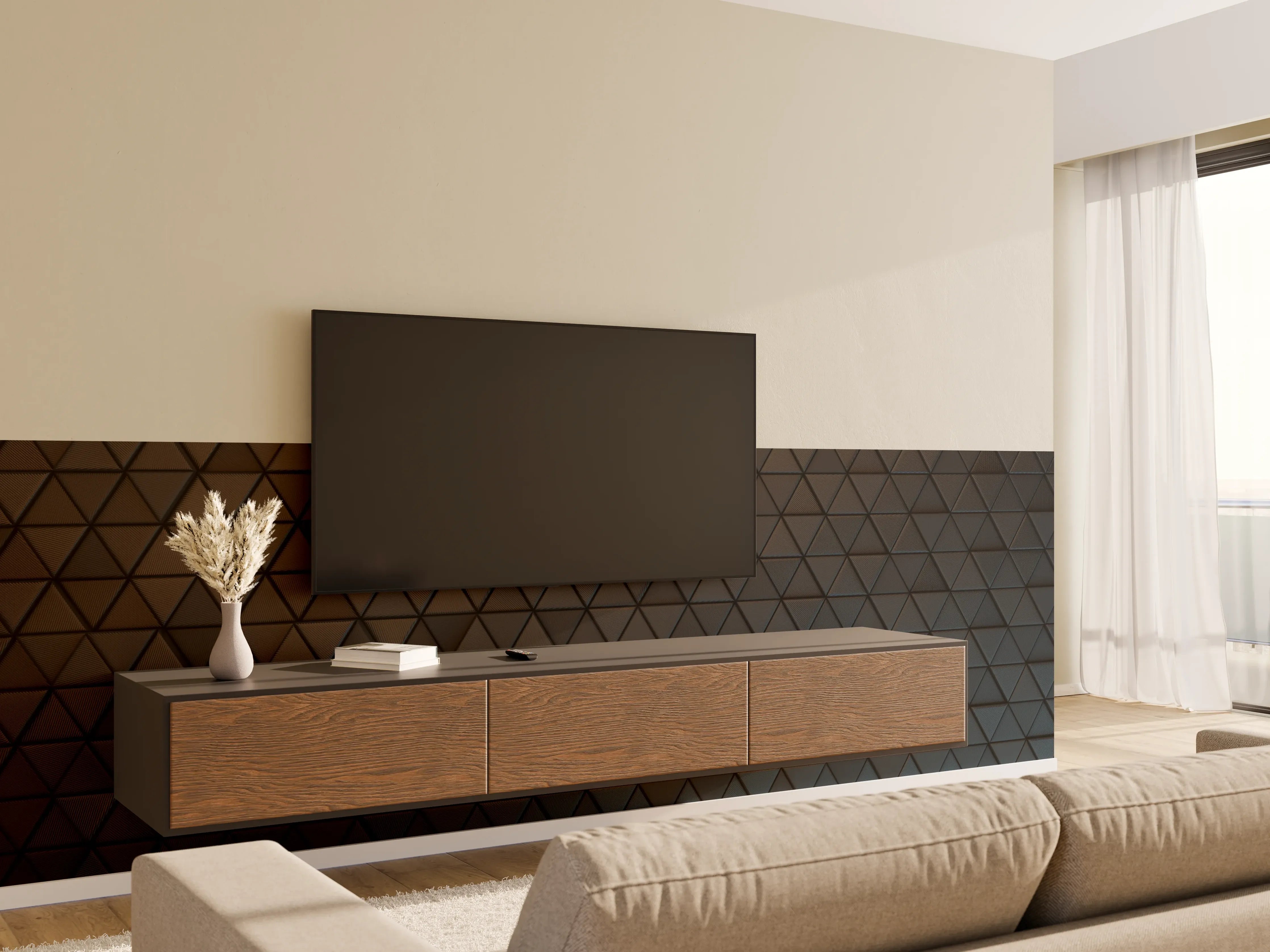 Wandverkleidung Wohnzimmer - Moderne Wandgestaltung mit geometrischem Muster
