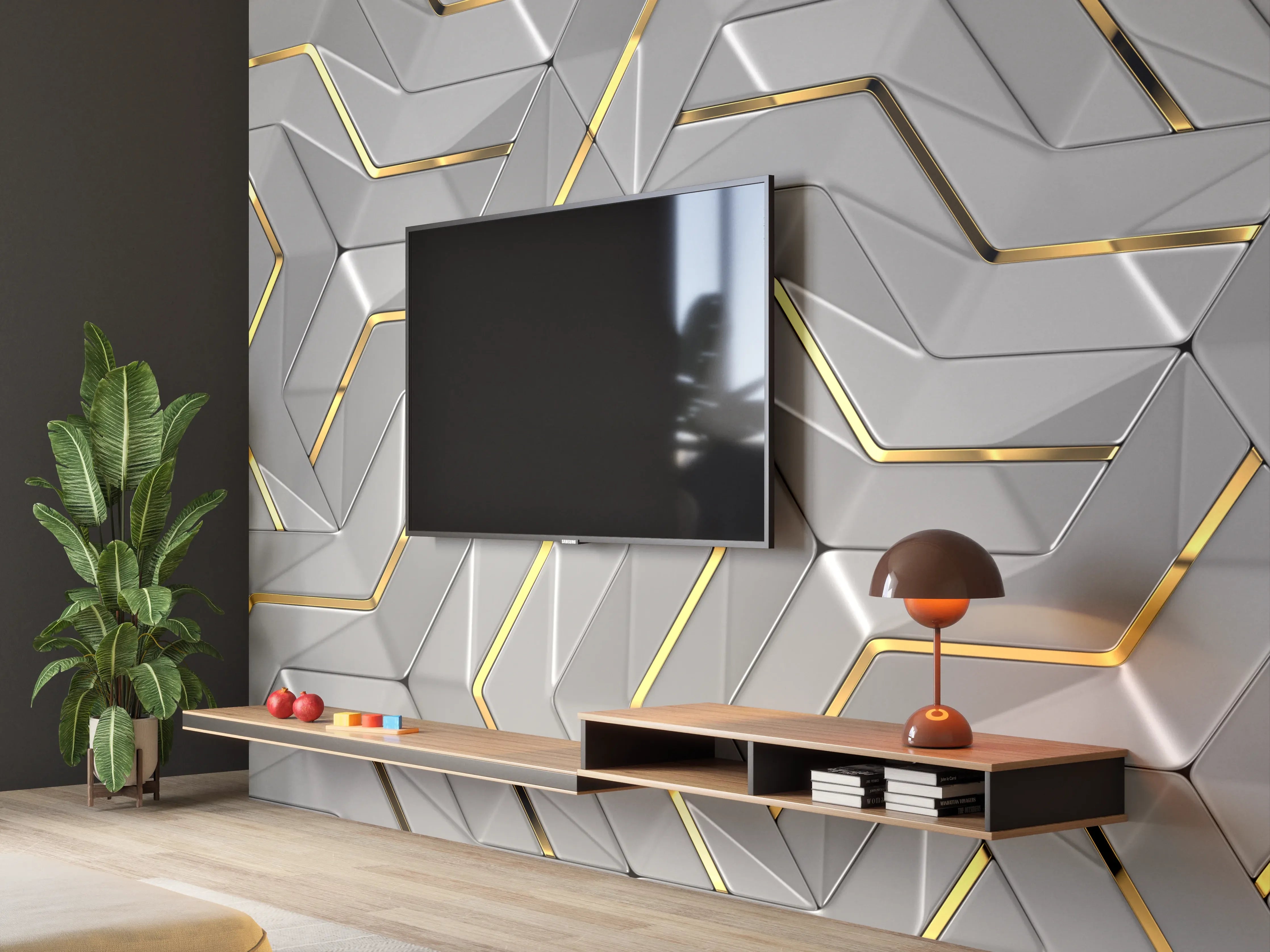Wandverkleidung Wohnzimmer - Moderne Wandtextur - Gold Akzente