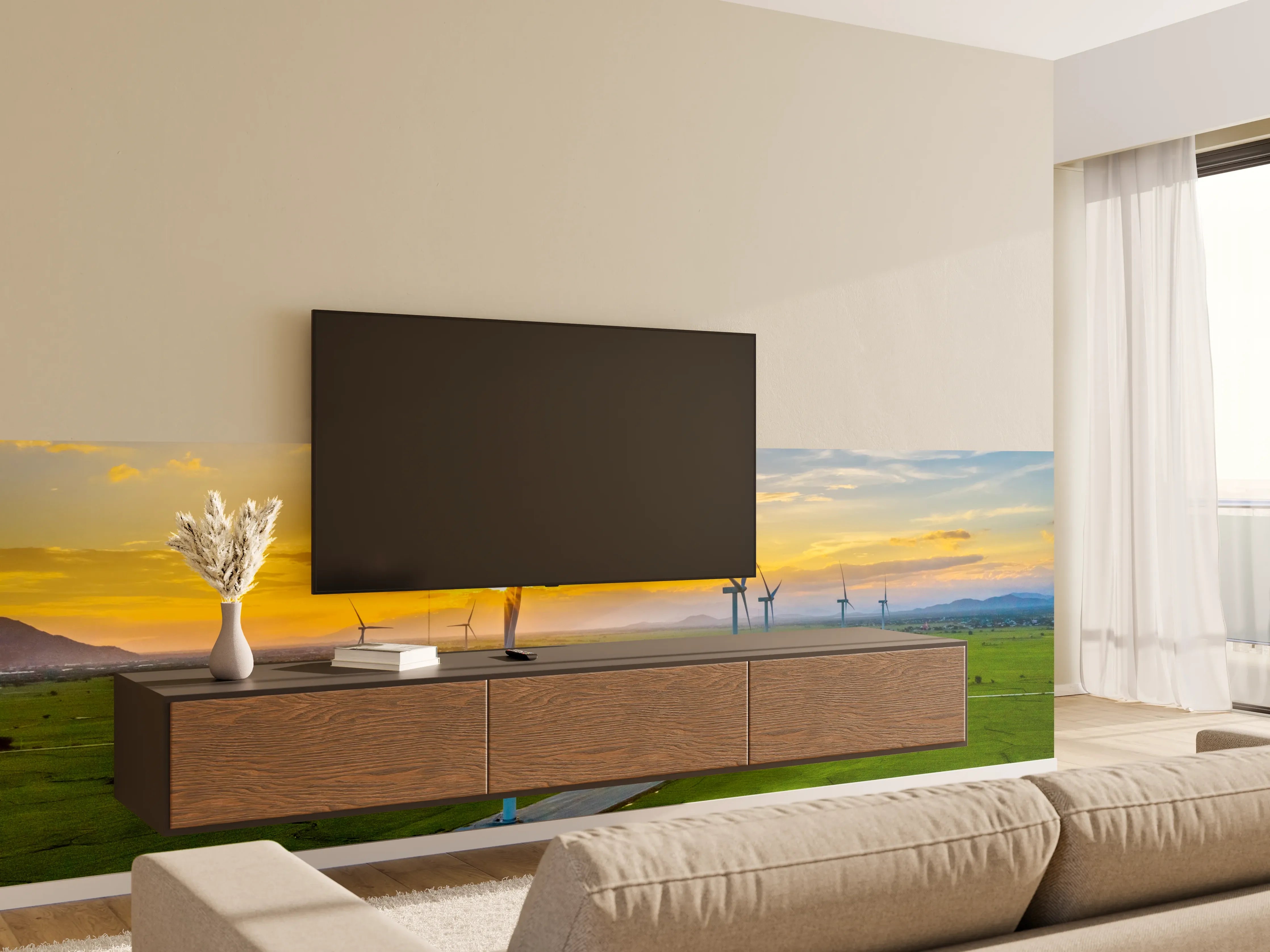 Wandverkleidung Wohnzimmer - Moderne Windkraftanlage bei Sonnenuntergang