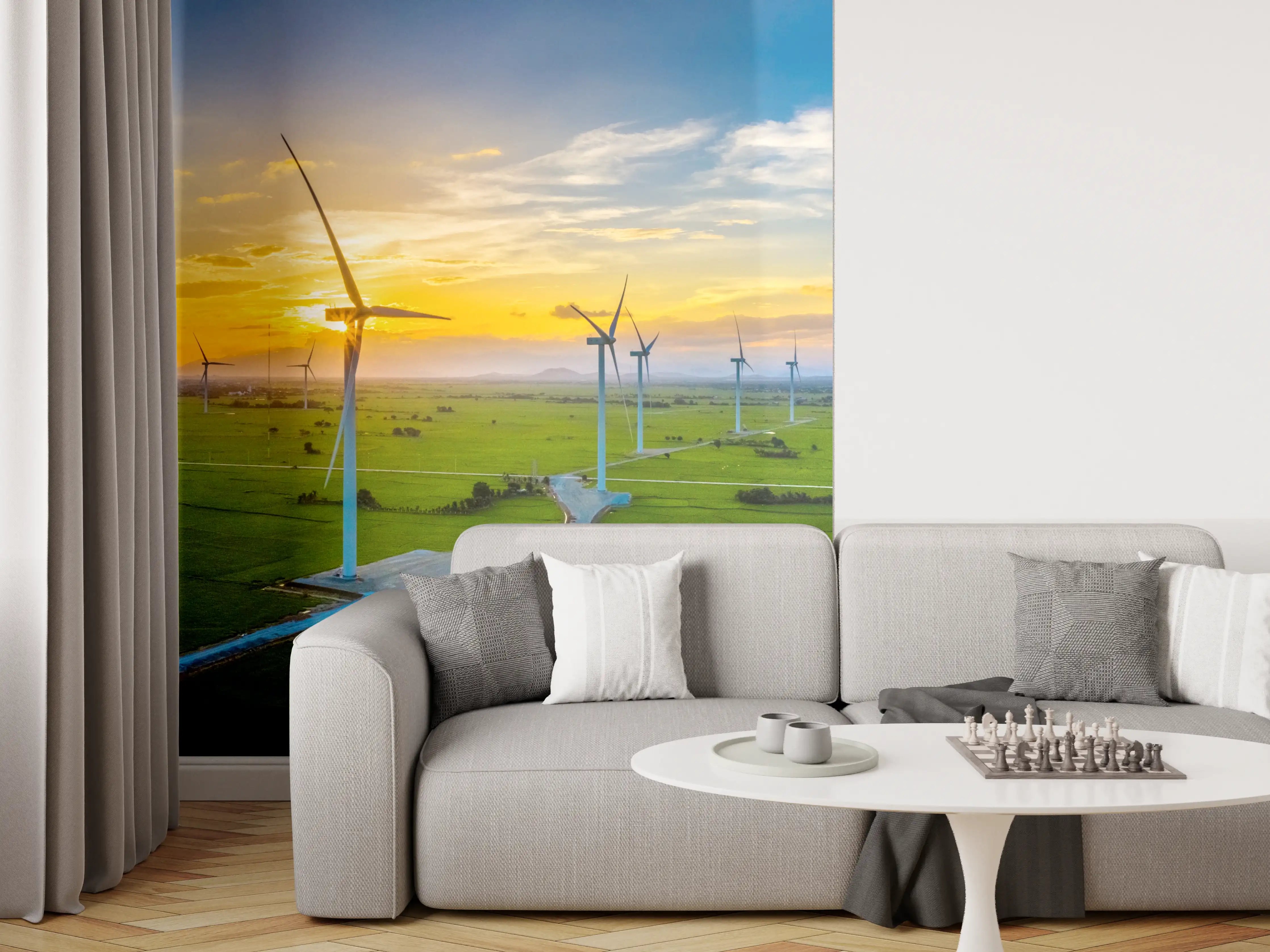 Wandverkleidung Wohnzimmer - Moderne Windkraftanlage bei Sonnenuntergang