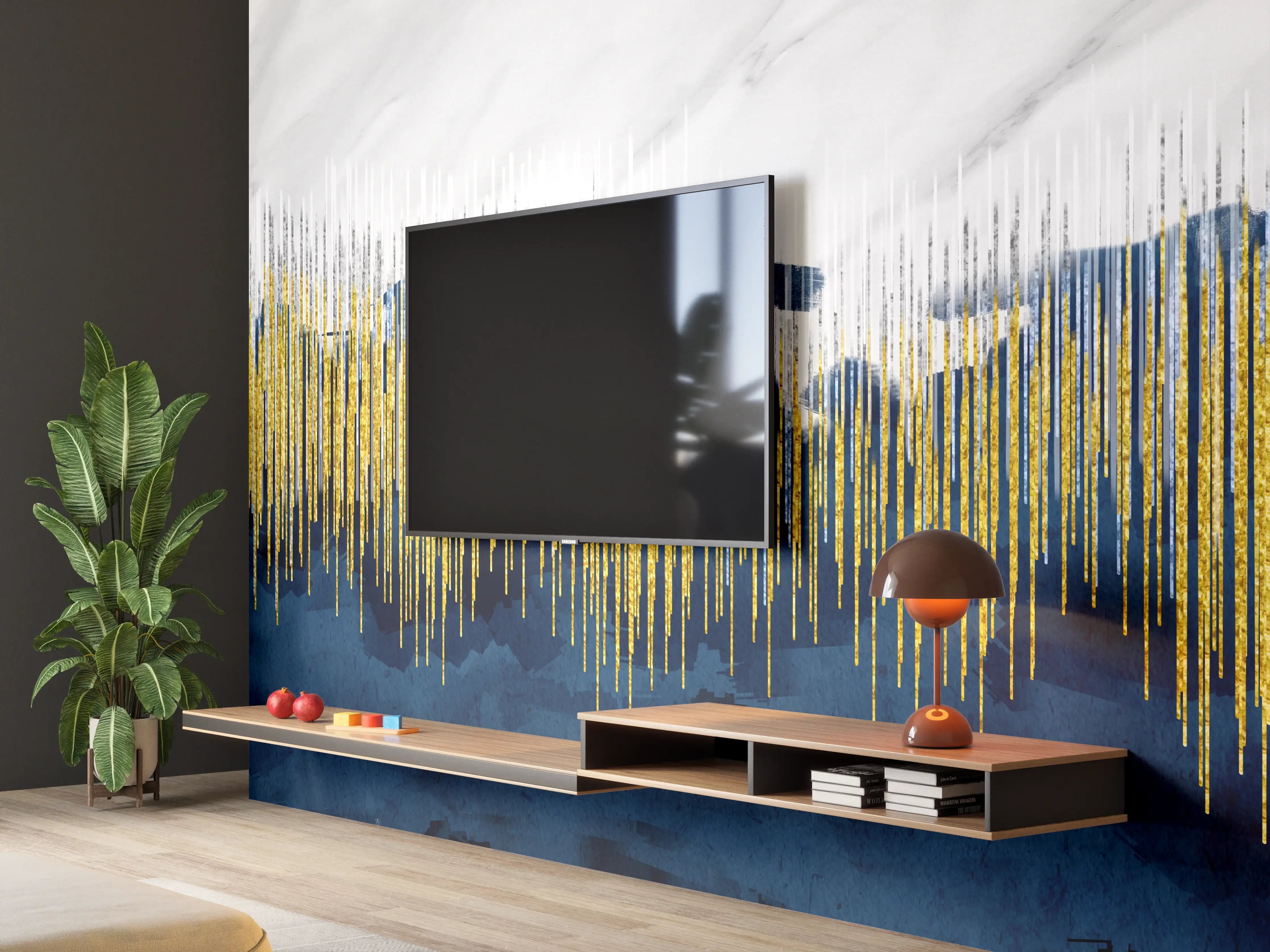 Wandverkleidung Wohnzimmer - Moderne abstrakte Kunst mit Goldakzenten