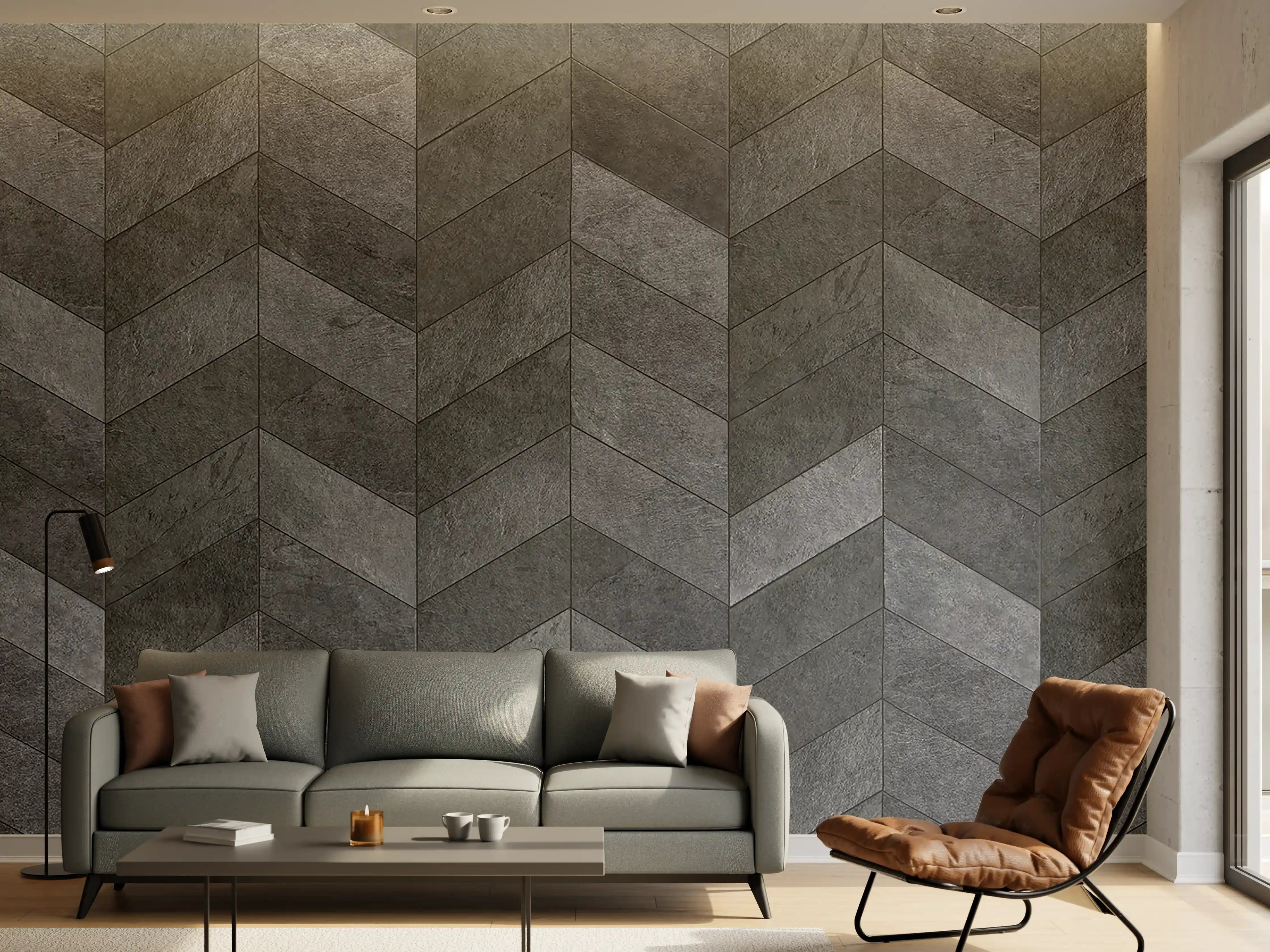 Wandverkleidung Wohnzimmer - Moderne dunkle Fliesen in Chevron-Design