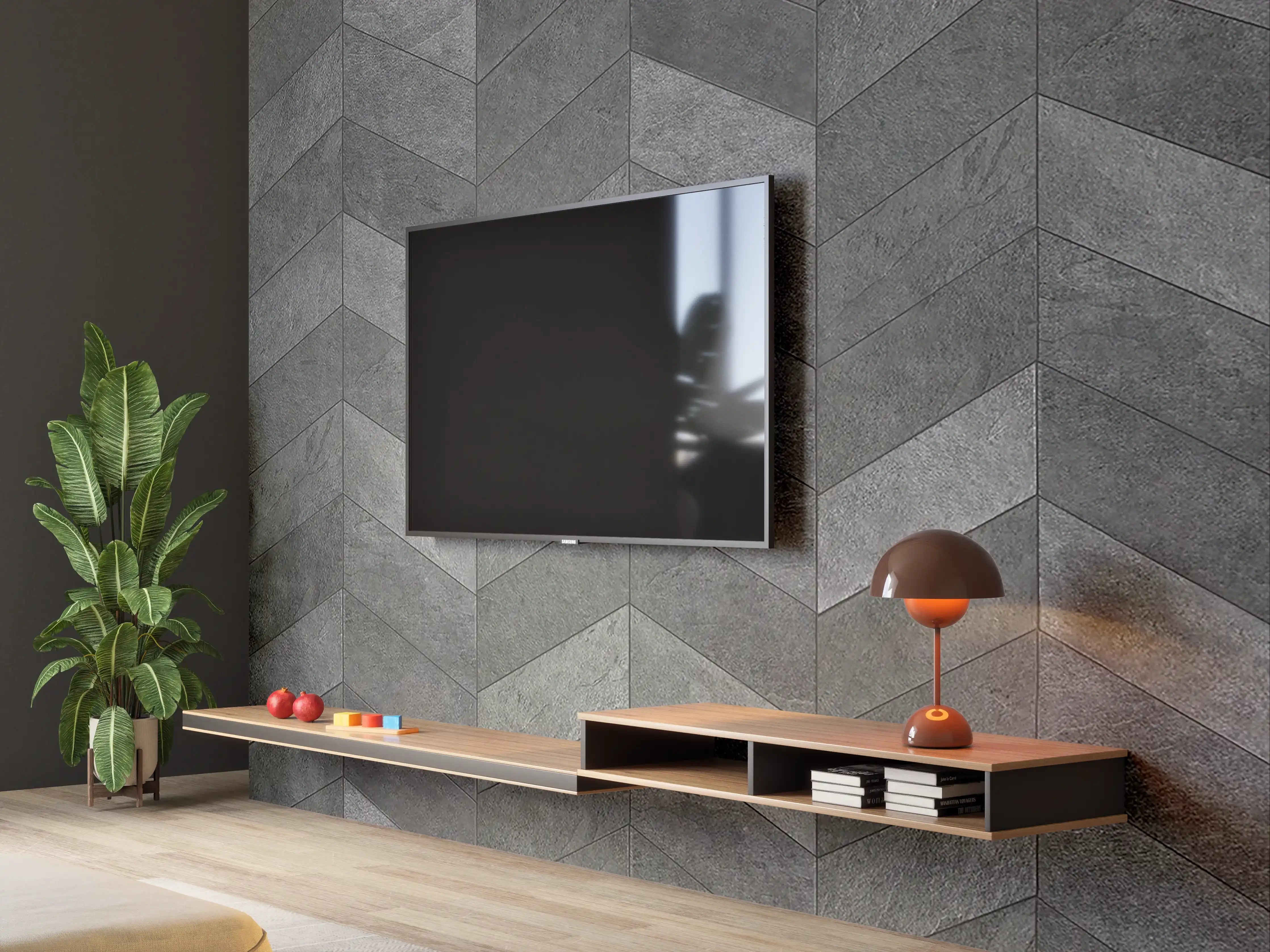 Wandverkleidung Wohnzimmer - Moderne dunkle Fliesen in Chevron-Design