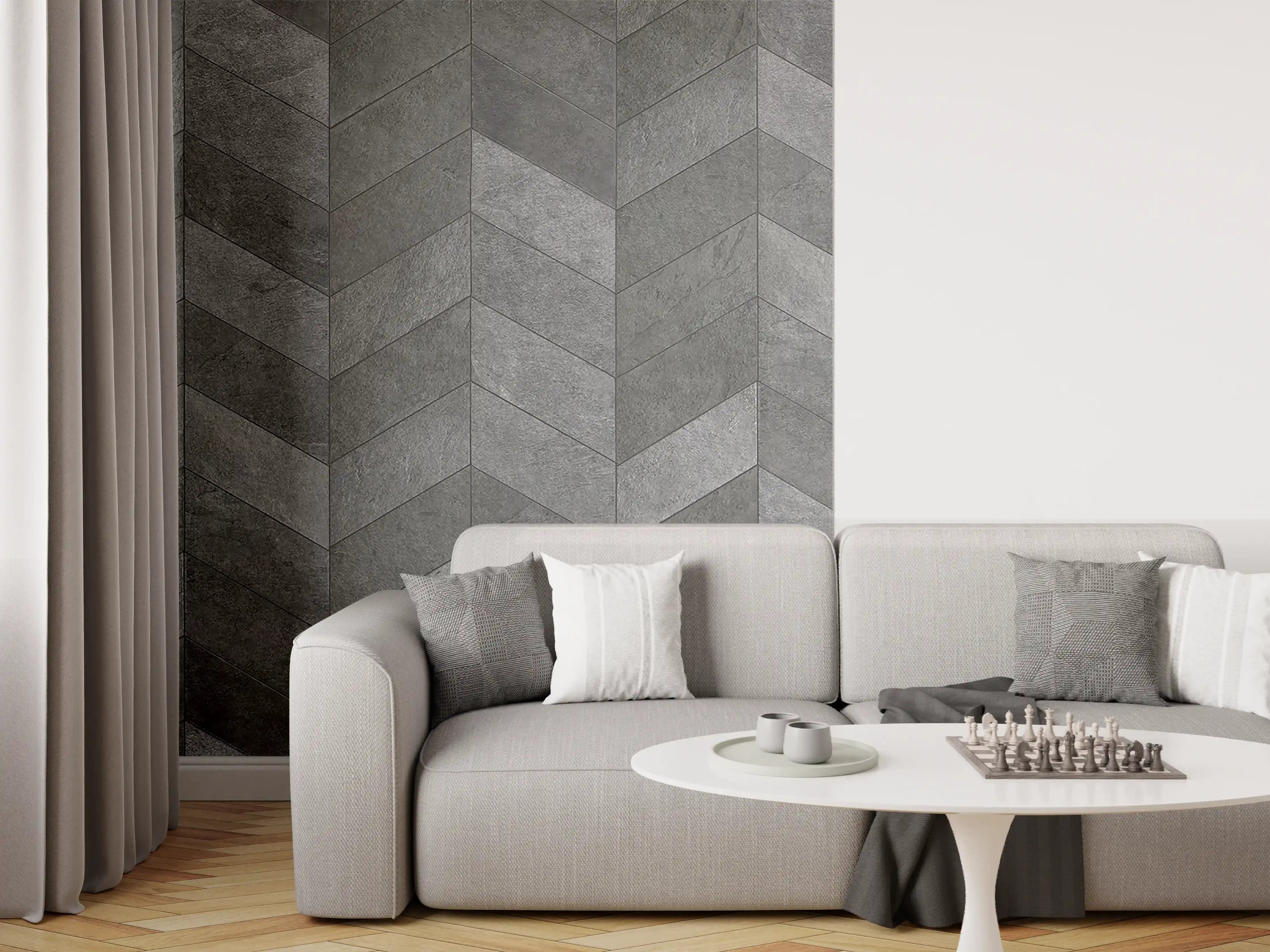 Wandverkleidung Wohnzimmer - Moderne dunkle Fliesen in Chevron-Design
