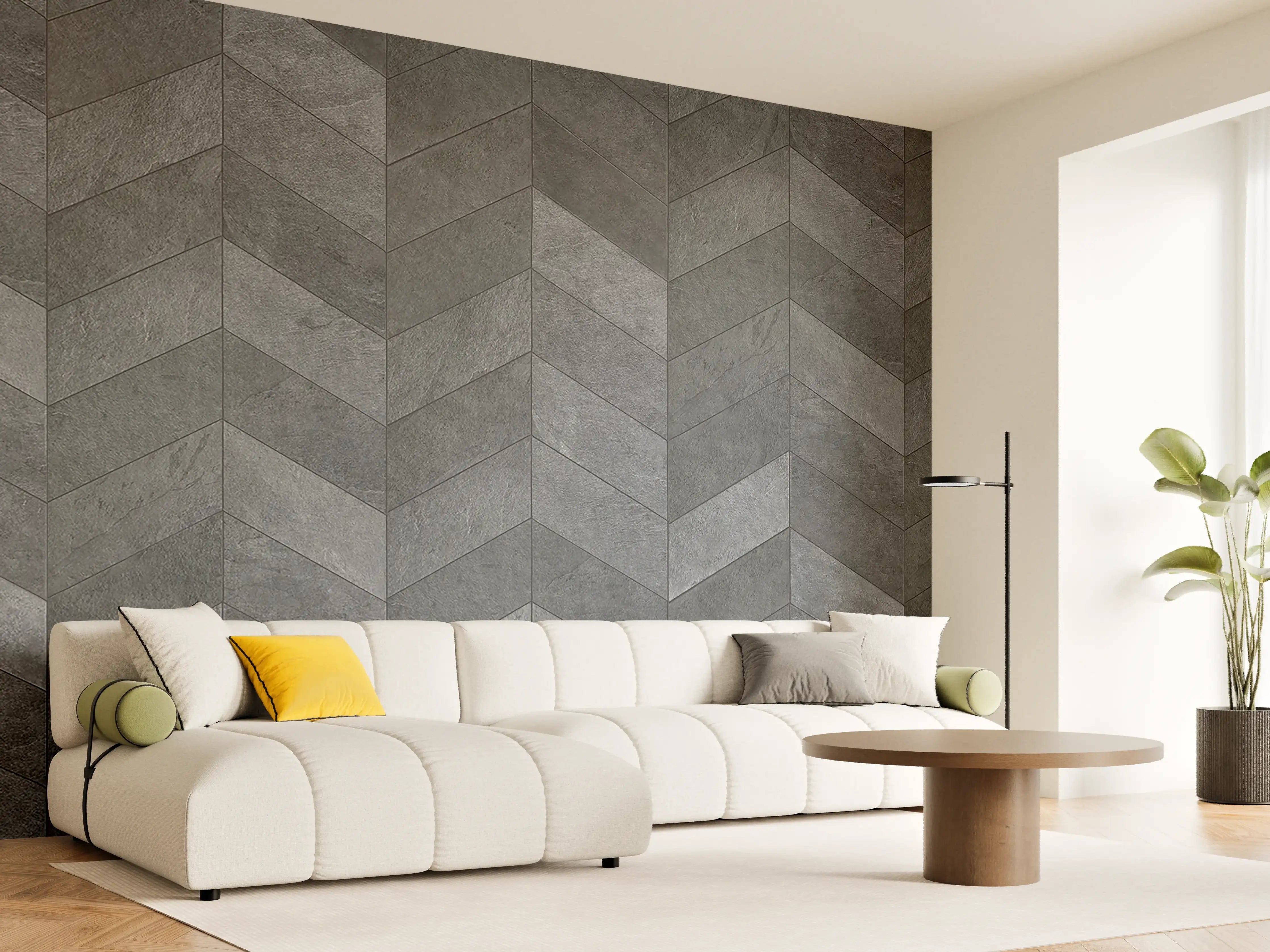 Wandverkleidung Wohnzimmer - Moderne dunkle Fliesen in Chevron-Design