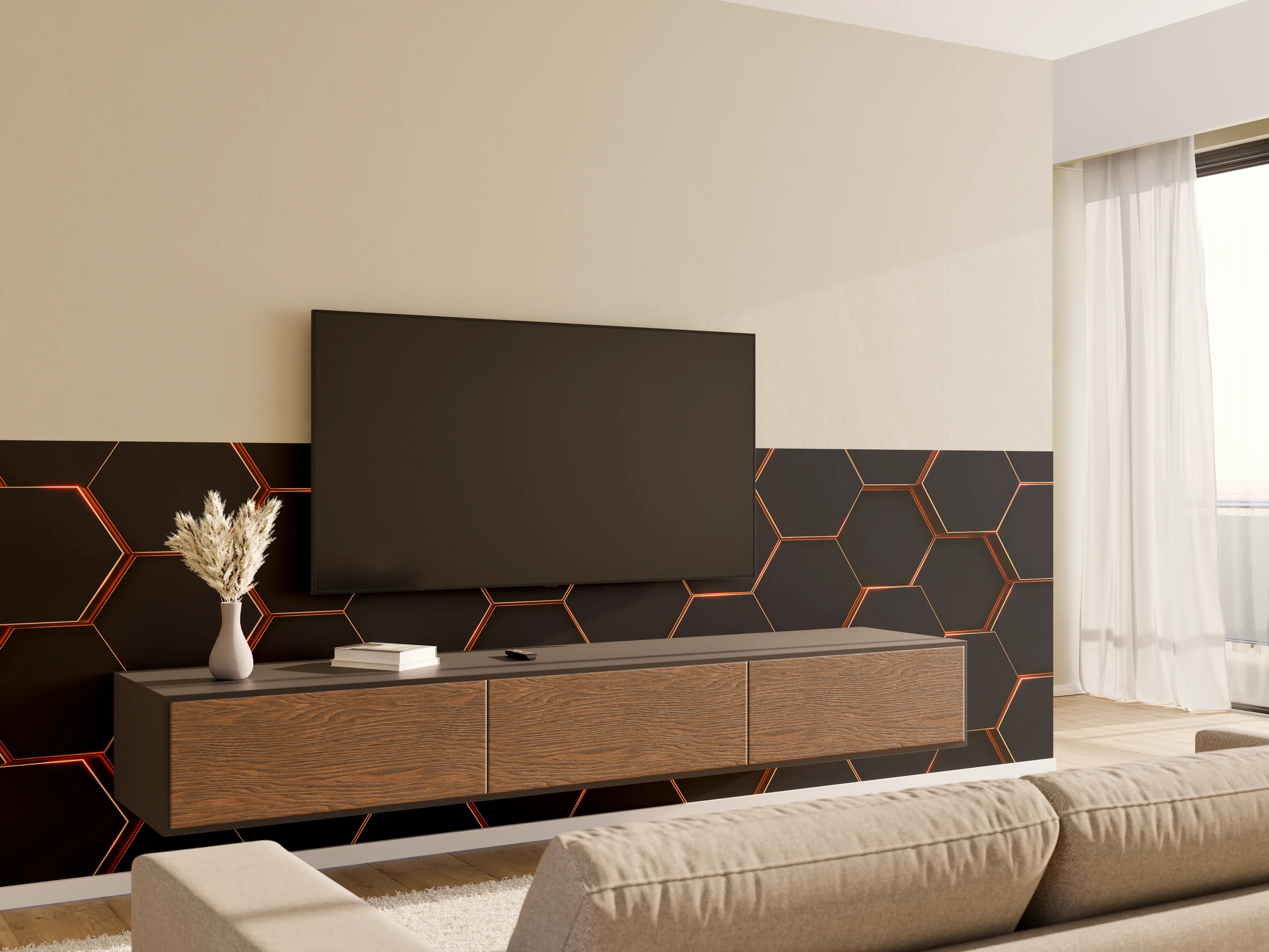 Wandverkleidung Wohnzimmer - Moderne dunkle Hexagon-Optik mit Kupferakzenten
