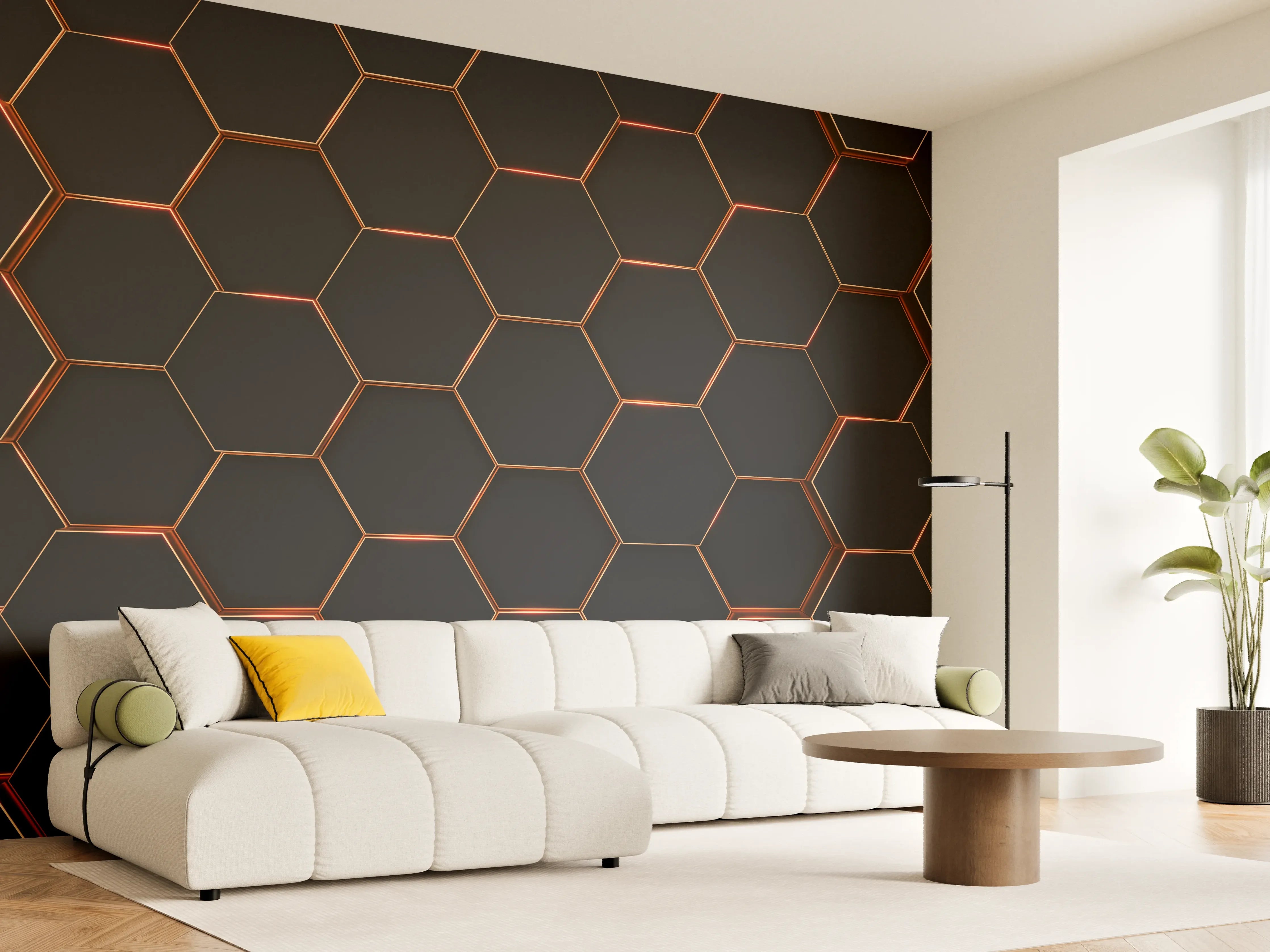 Wandverkleidung Wohnzimmer - Moderne dunkle Hexagon-Optik mit Kupferakzenten