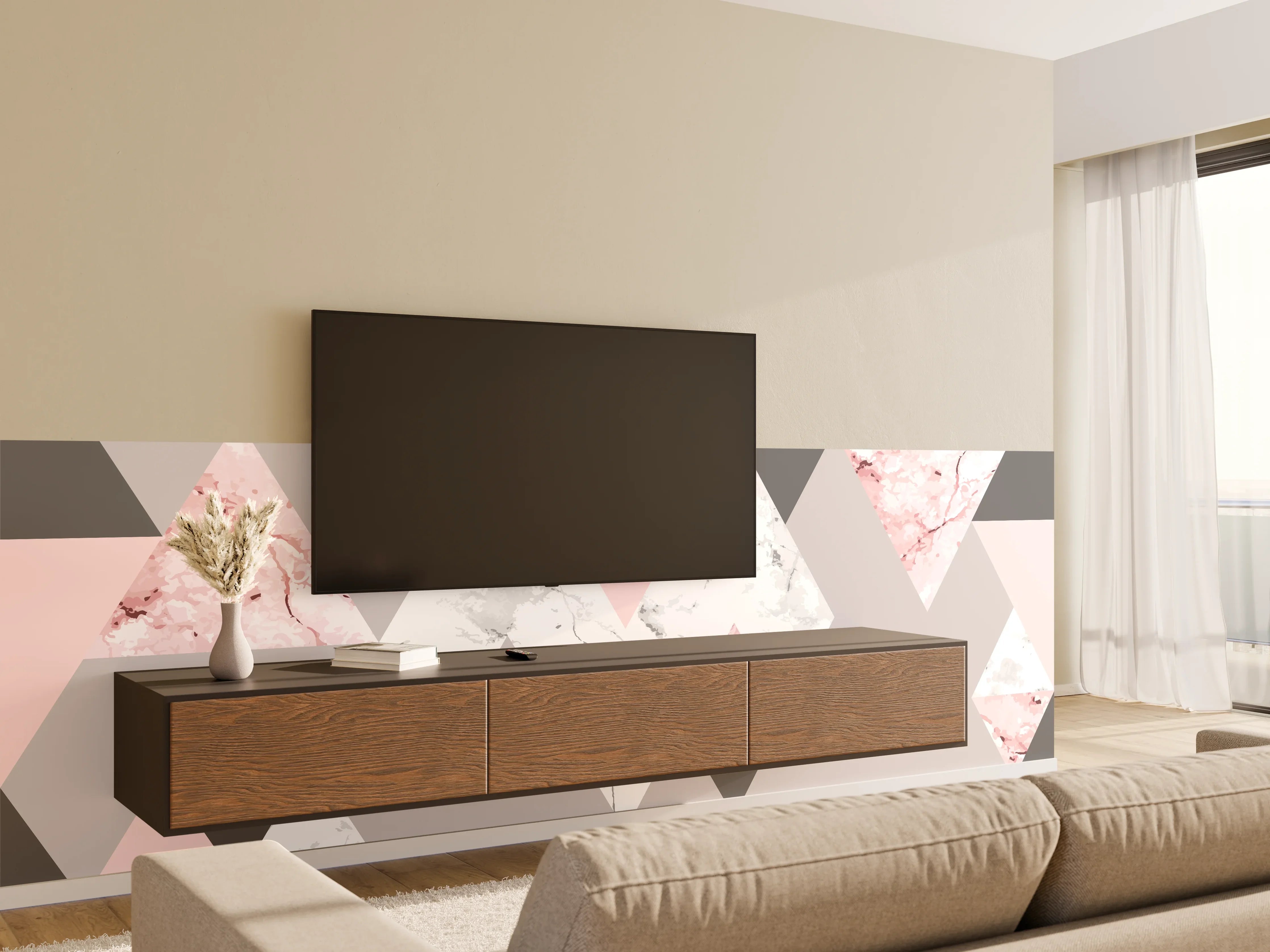 Wandverkleidung Wohnzimmer - Moderne geometrische Farbexplosion