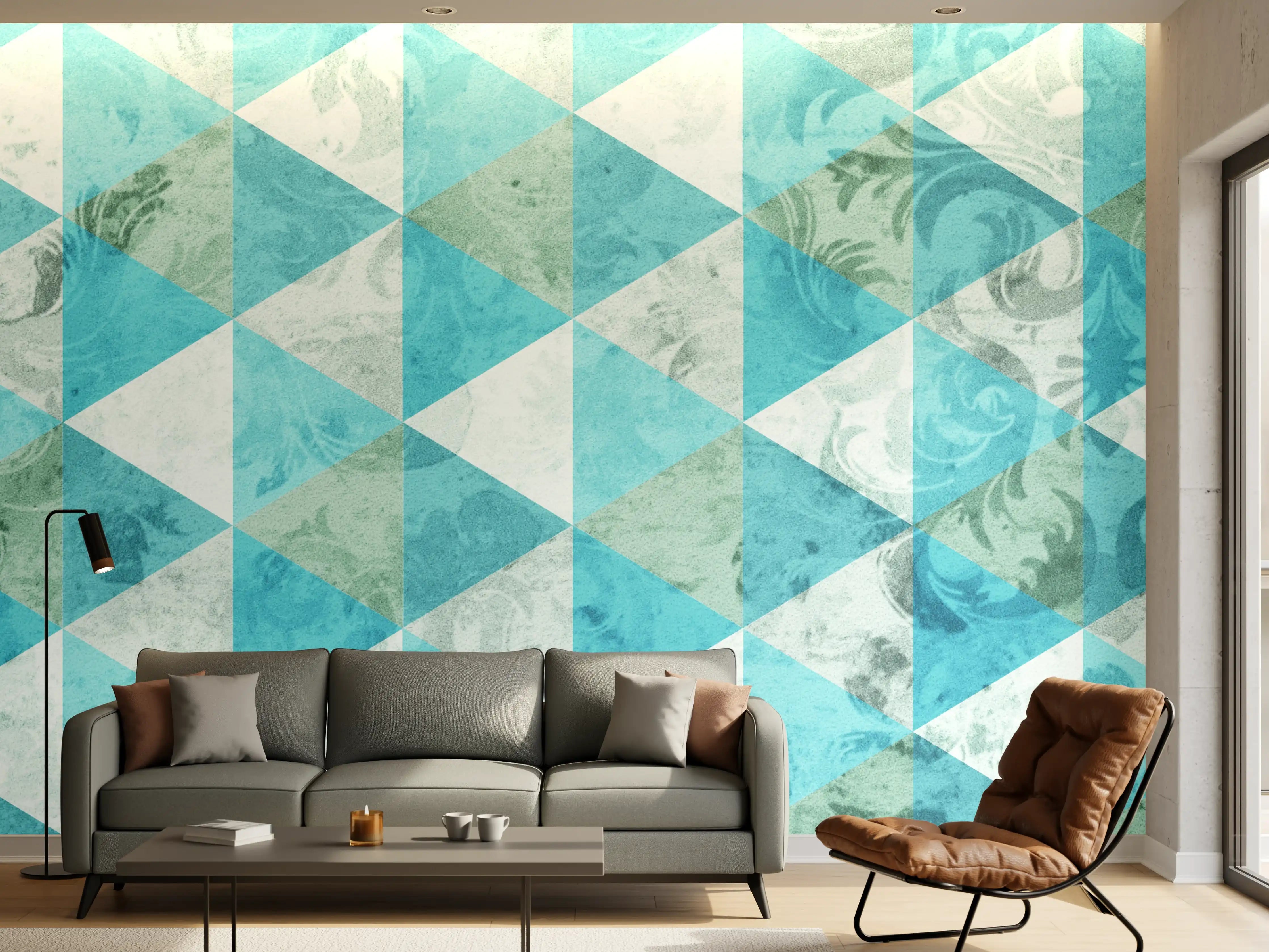 Wandverkleidung Wohnzimmer - Moderne geometrische Fliesen in Blau