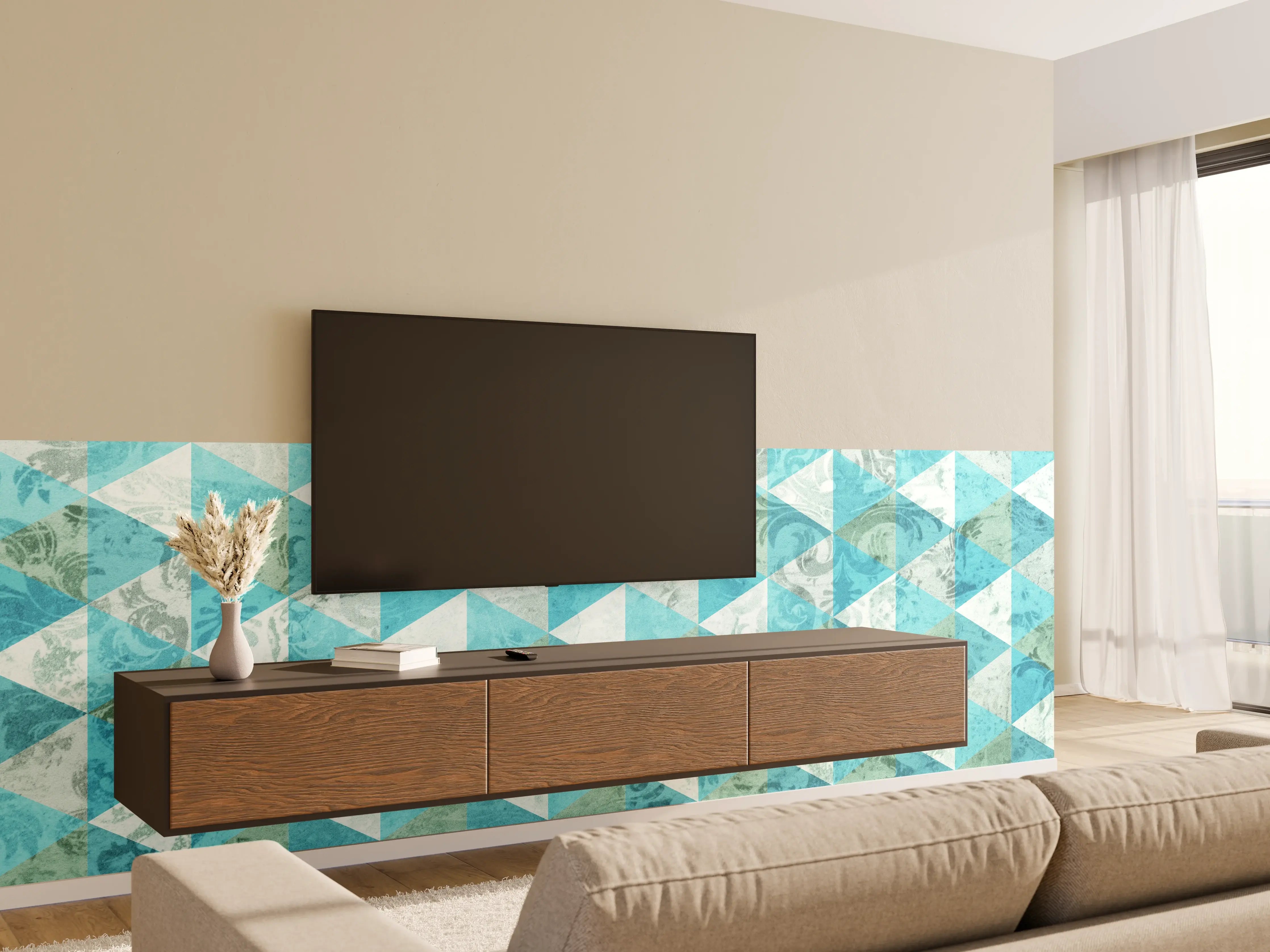 Wandverkleidung Wohnzimmer - Moderne geometrische Fliesen in Blau
