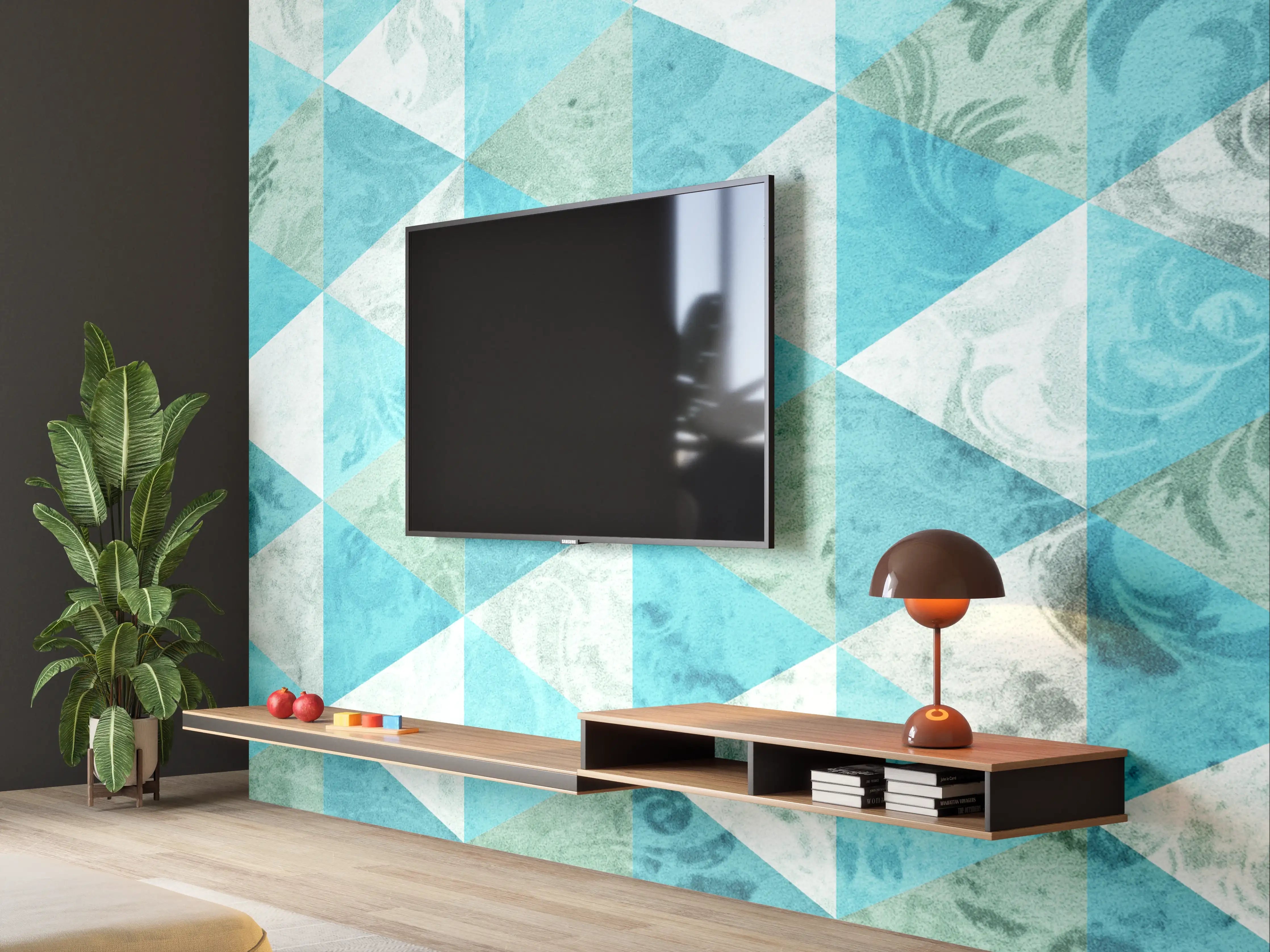 Wandverkleidung Wohnzimmer - Moderne geometrische Fliesen in Blau