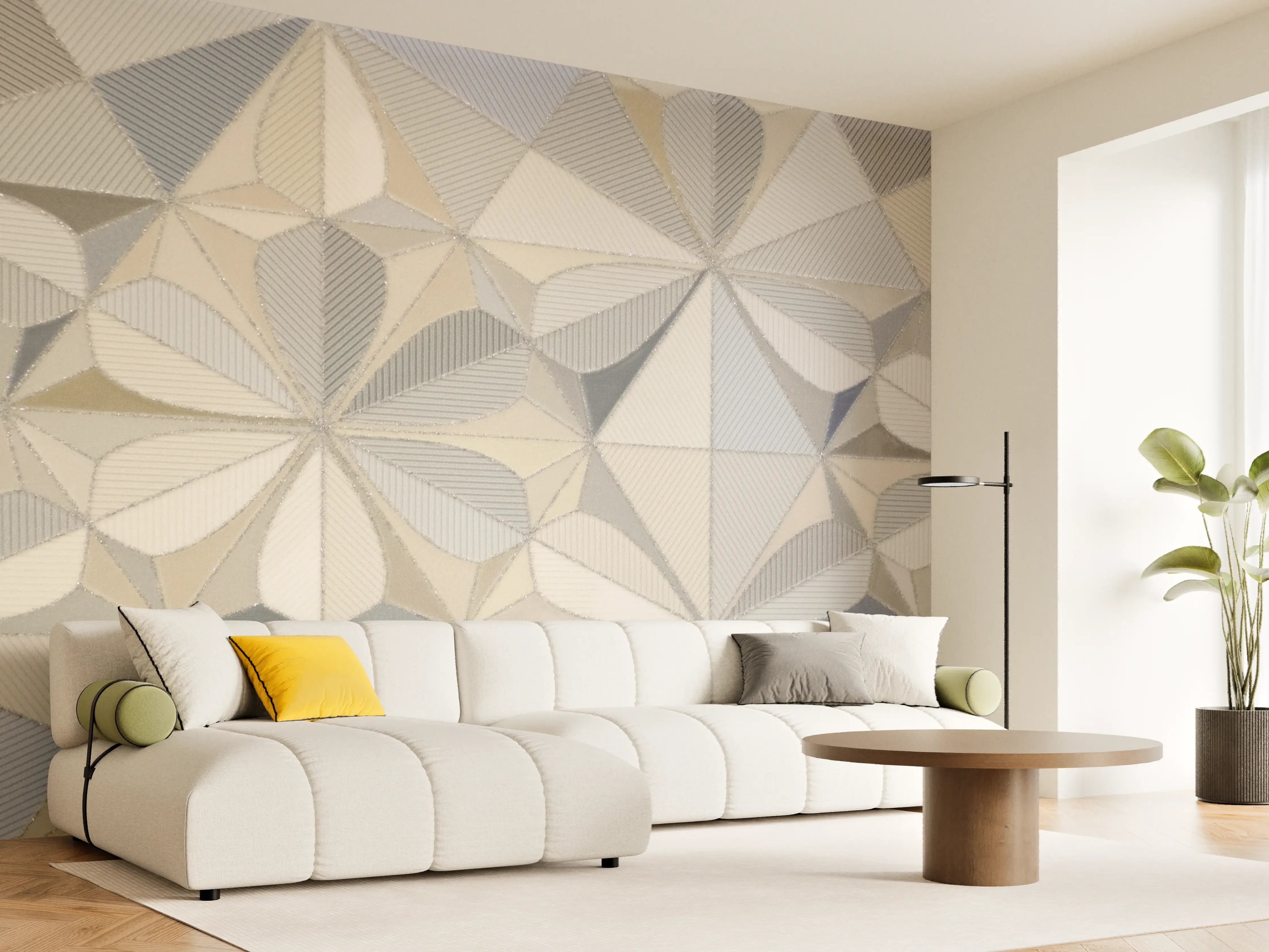 Wandverkleidung Wohnzimmer - Moderne geometrische Fliesen in neutralen Tönen