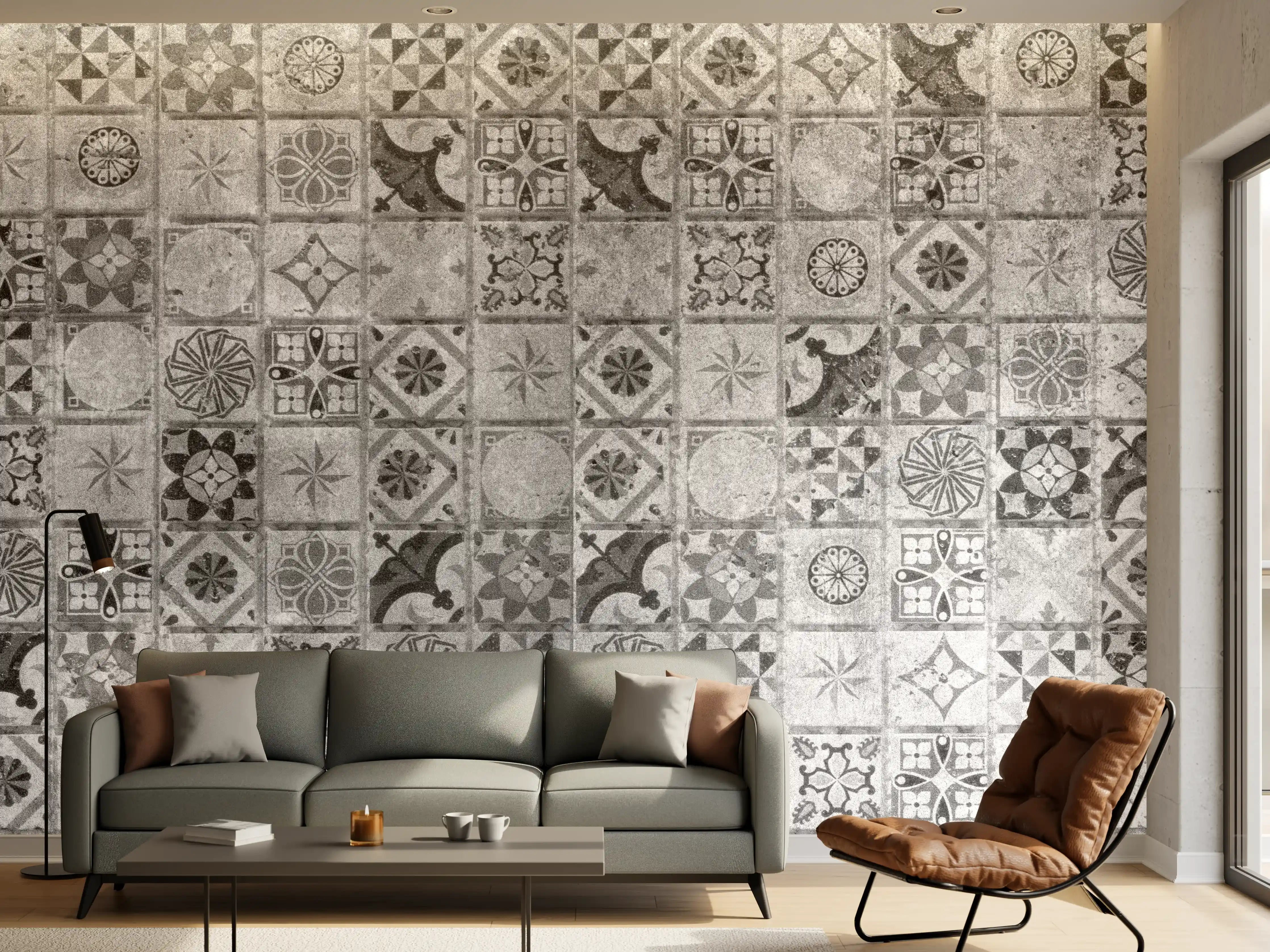 Wandverkleidung Wohnzimmer - Moderne geometrische Fliesenmuster in Grautönen