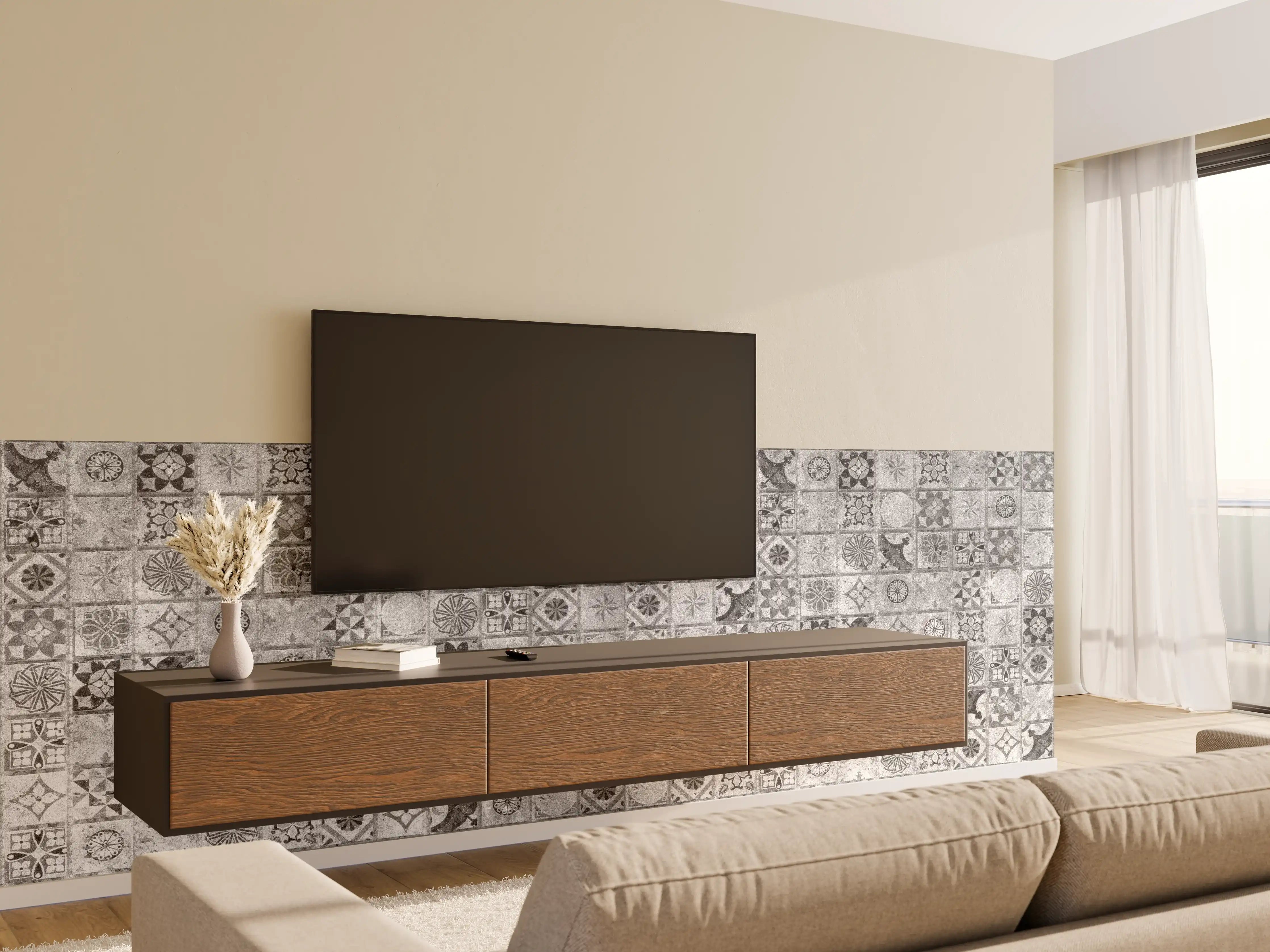 Wandverkleidung Wohnzimmer - Moderne geometrische Fliesenmuster in Grautönen