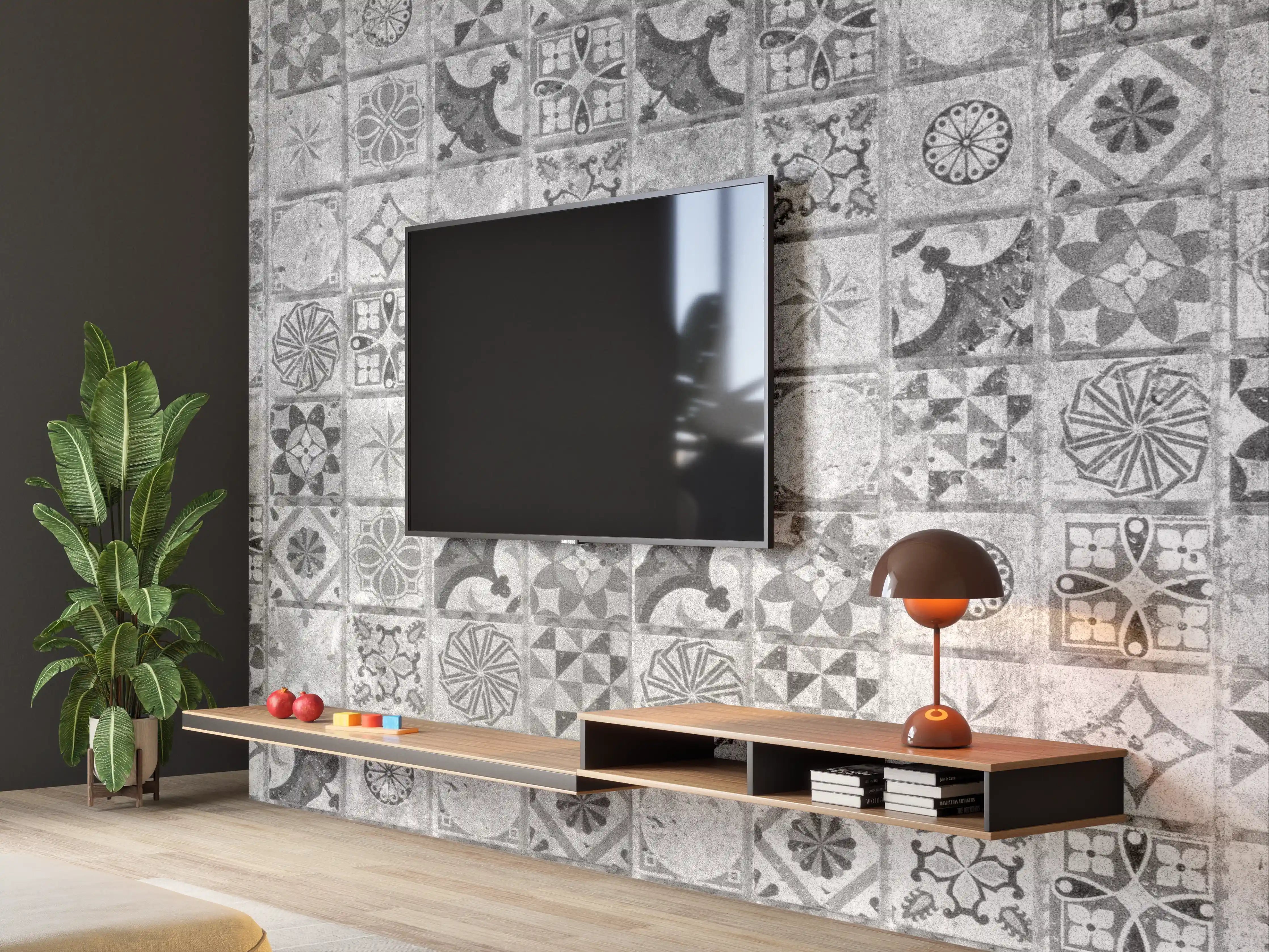 Wandverkleidung Wohnzimmer - Moderne geometrische Fliesenmuster in Grautönen