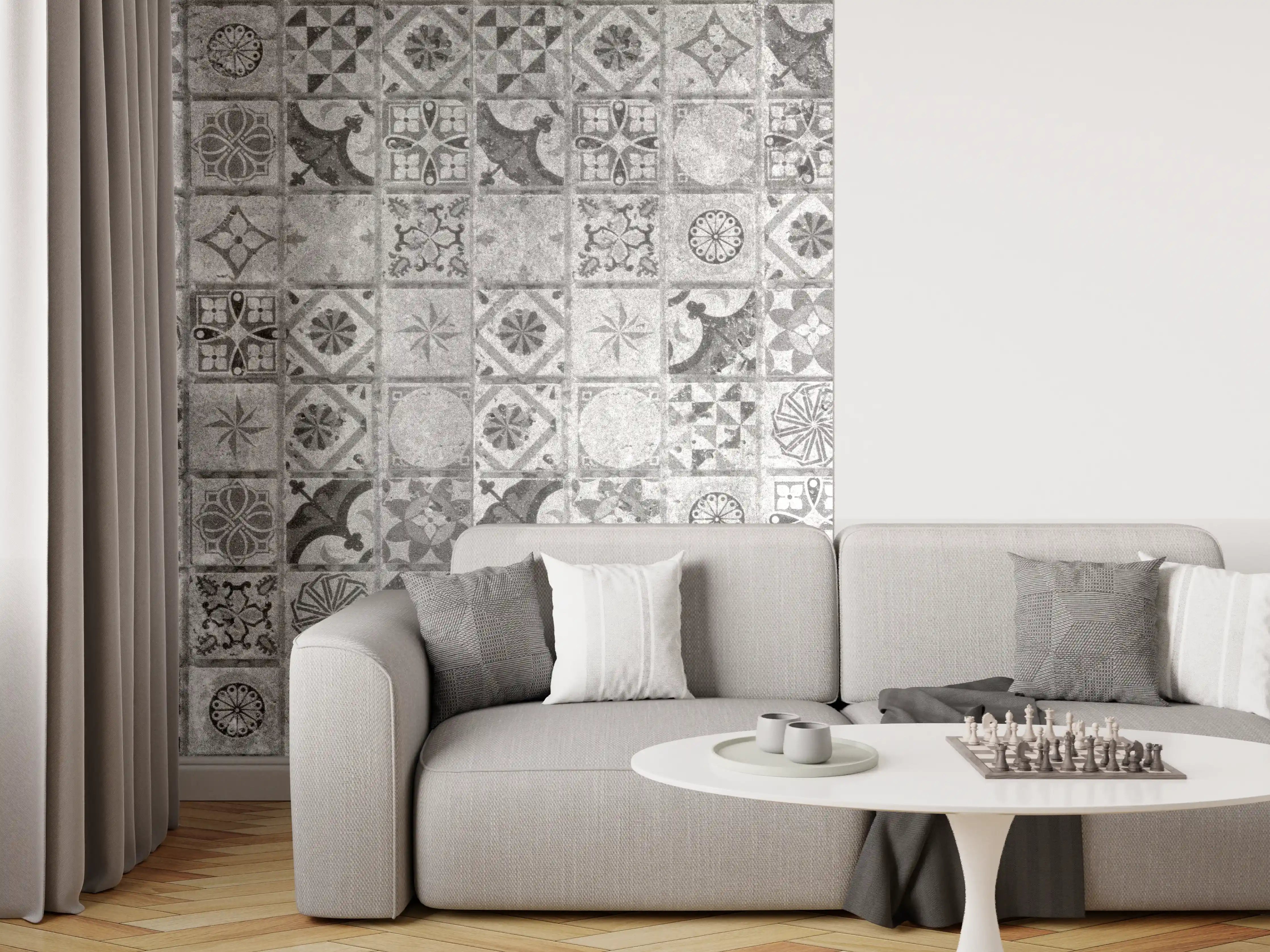 Wandverkleidung Wohnzimmer - Moderne geometrische Fliesenmuster in Grautönen
