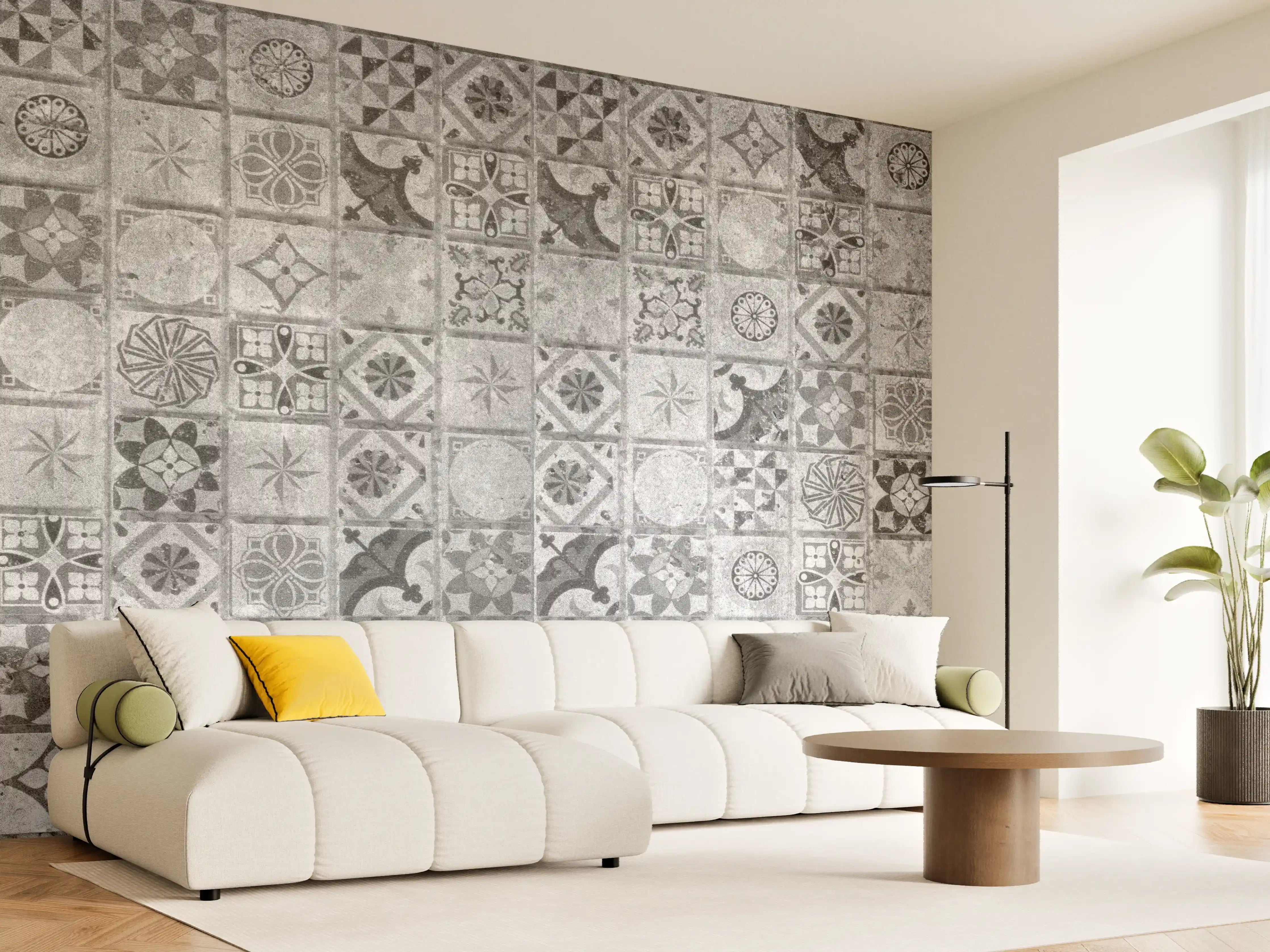 Wandverkleidung Wohnzimmer - Moderne geometrische Fliesenmuster in Grautönen