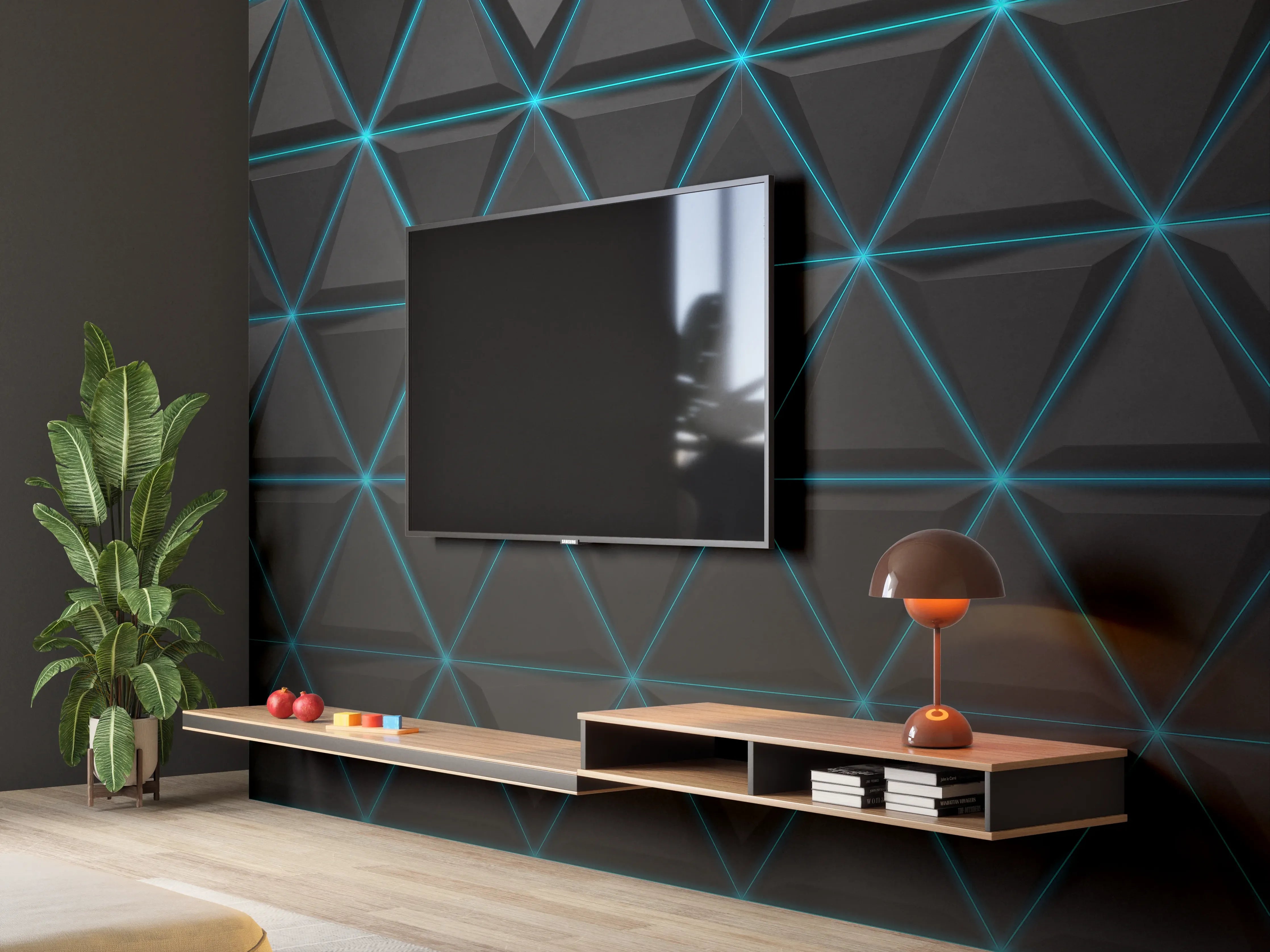 Wandverkleidung Wohnzimmer - Moderne geometrische Muster in Dunkeloptik