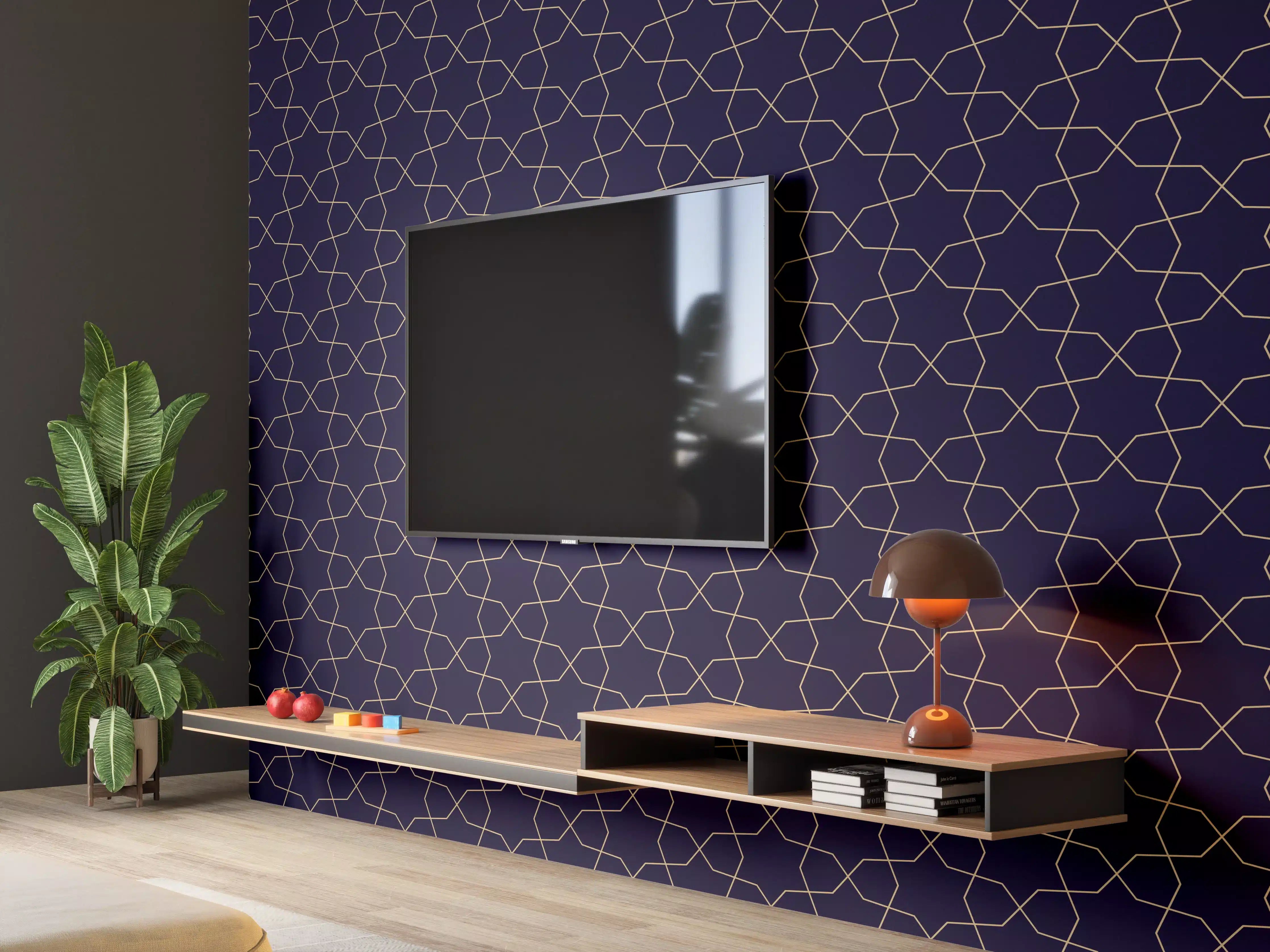 Wandverkleidung Wohnzimmer - Moderne geometrische Mustertapete in Dunkelblau