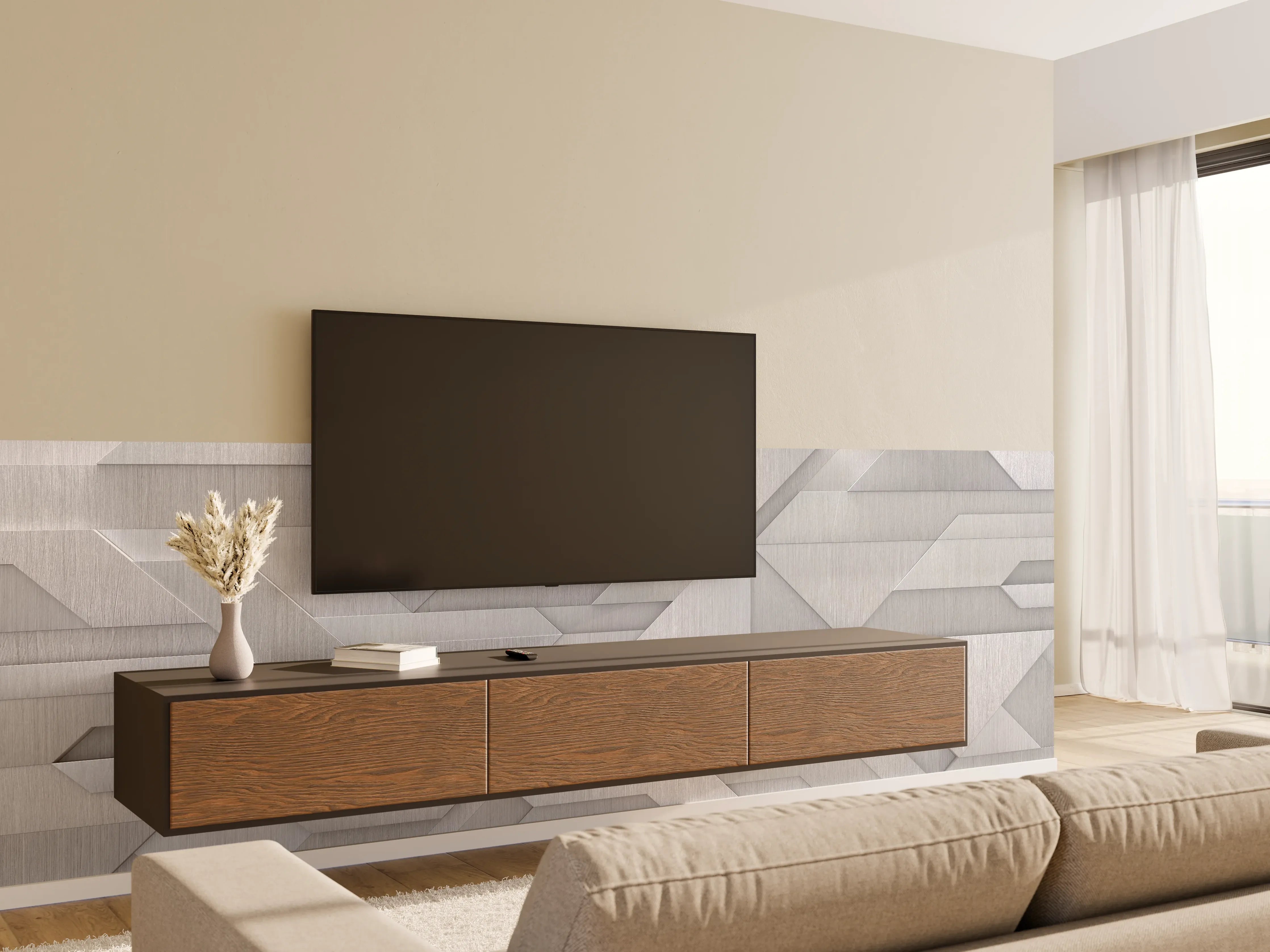 Wandverkleidung Wohnzimmer - Moderne geometrische Wandgestaltung in Grau