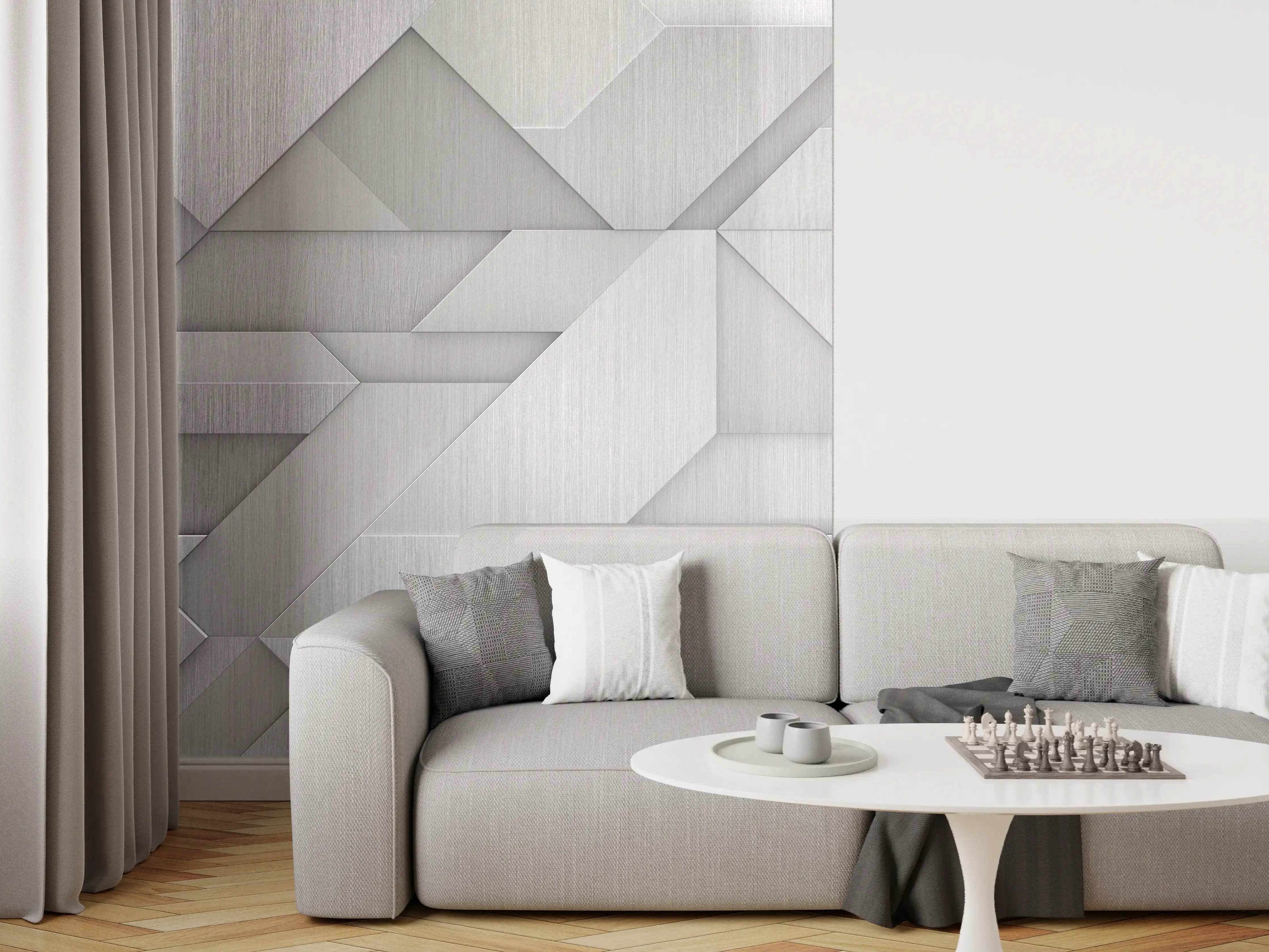 Wandverkleidung Wohnzimmer - Moderne geometrische Wandgestaltung in Grau