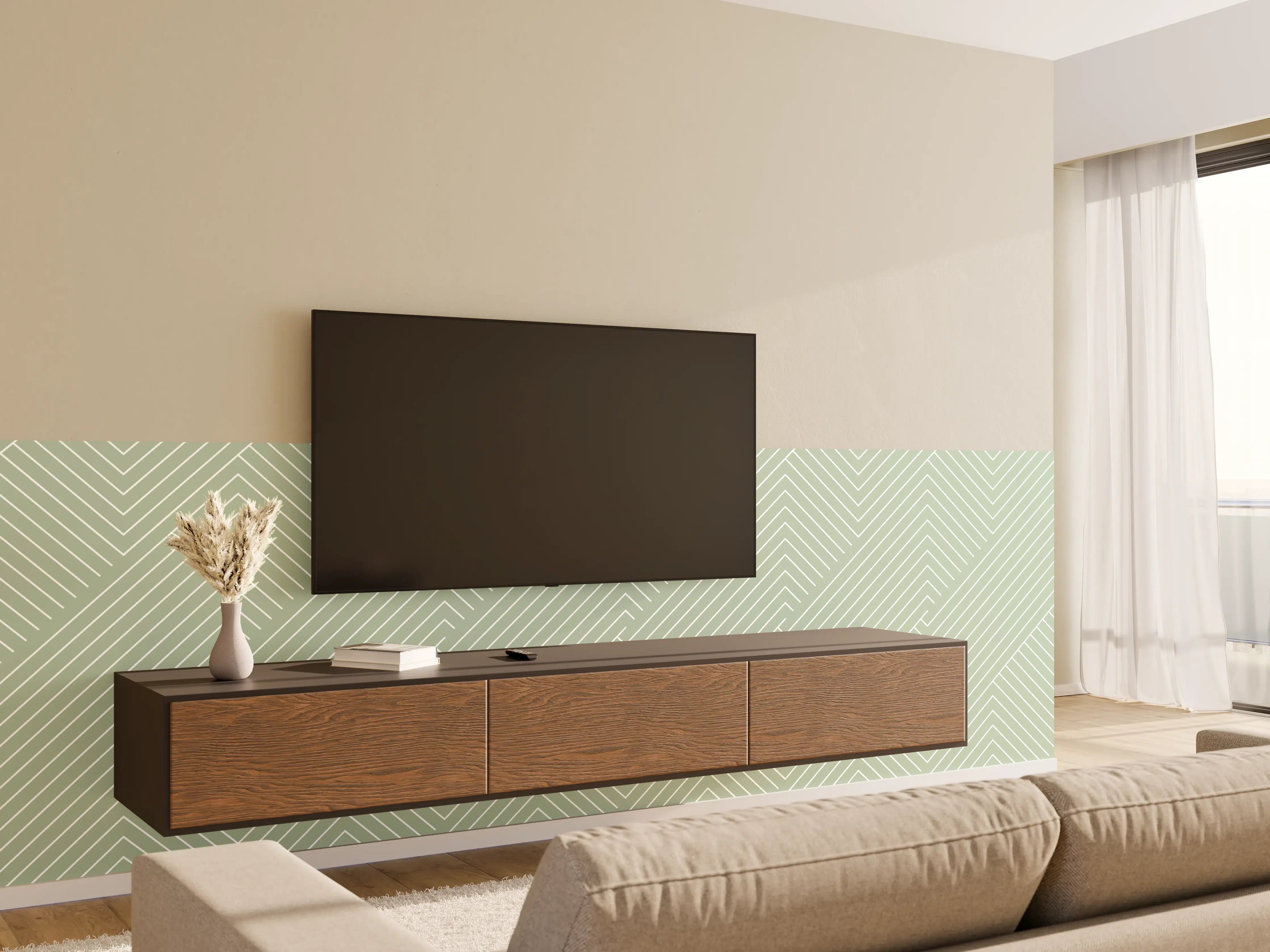 Wandverkleidung Wohnzimmer - Moderne geometrische Wandgestaltung in Pastellgrün