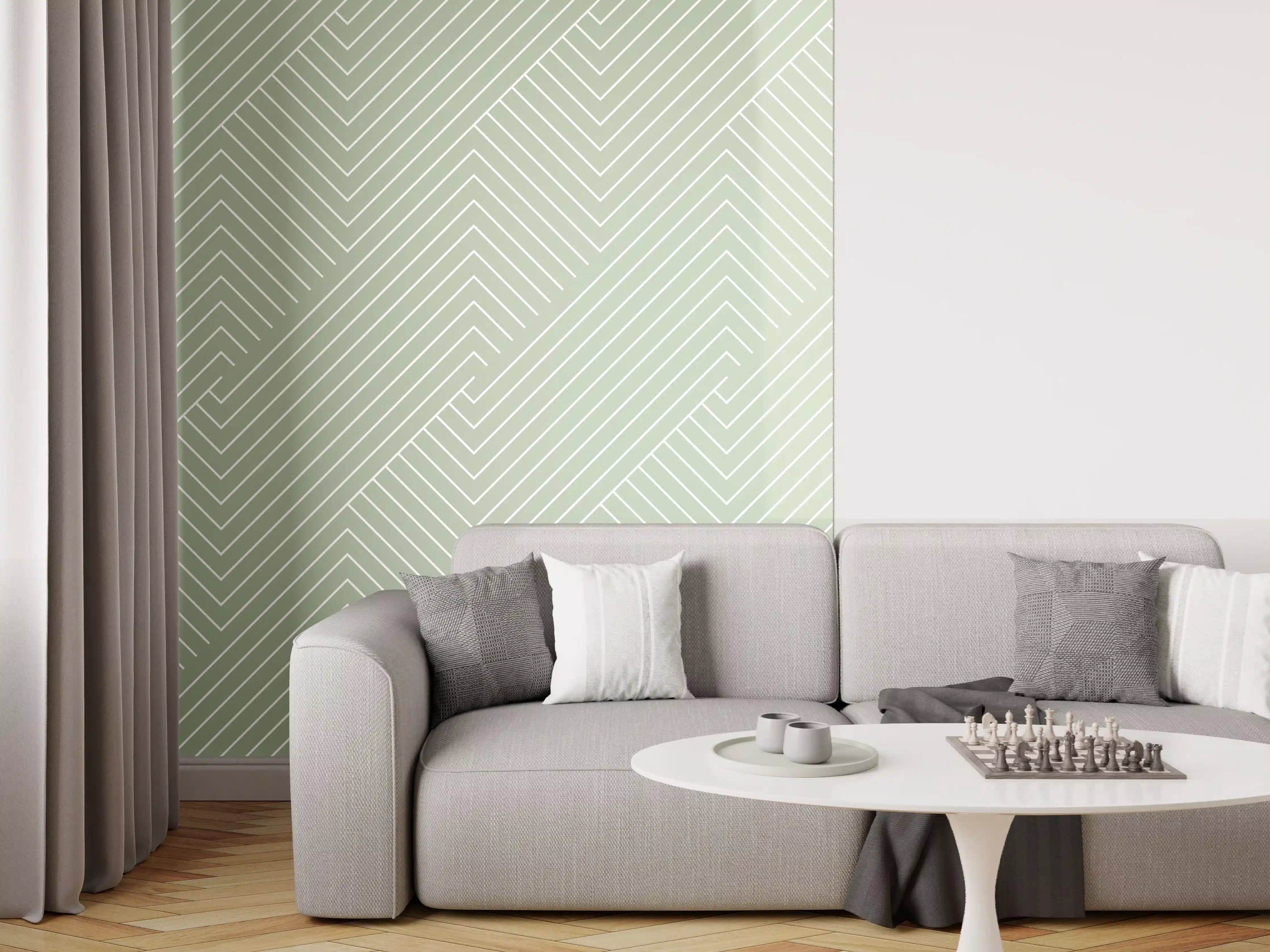 Wandverkleidung Wohnzimmer - Moderne geometrische Wandgestaltung in Pastellgrün