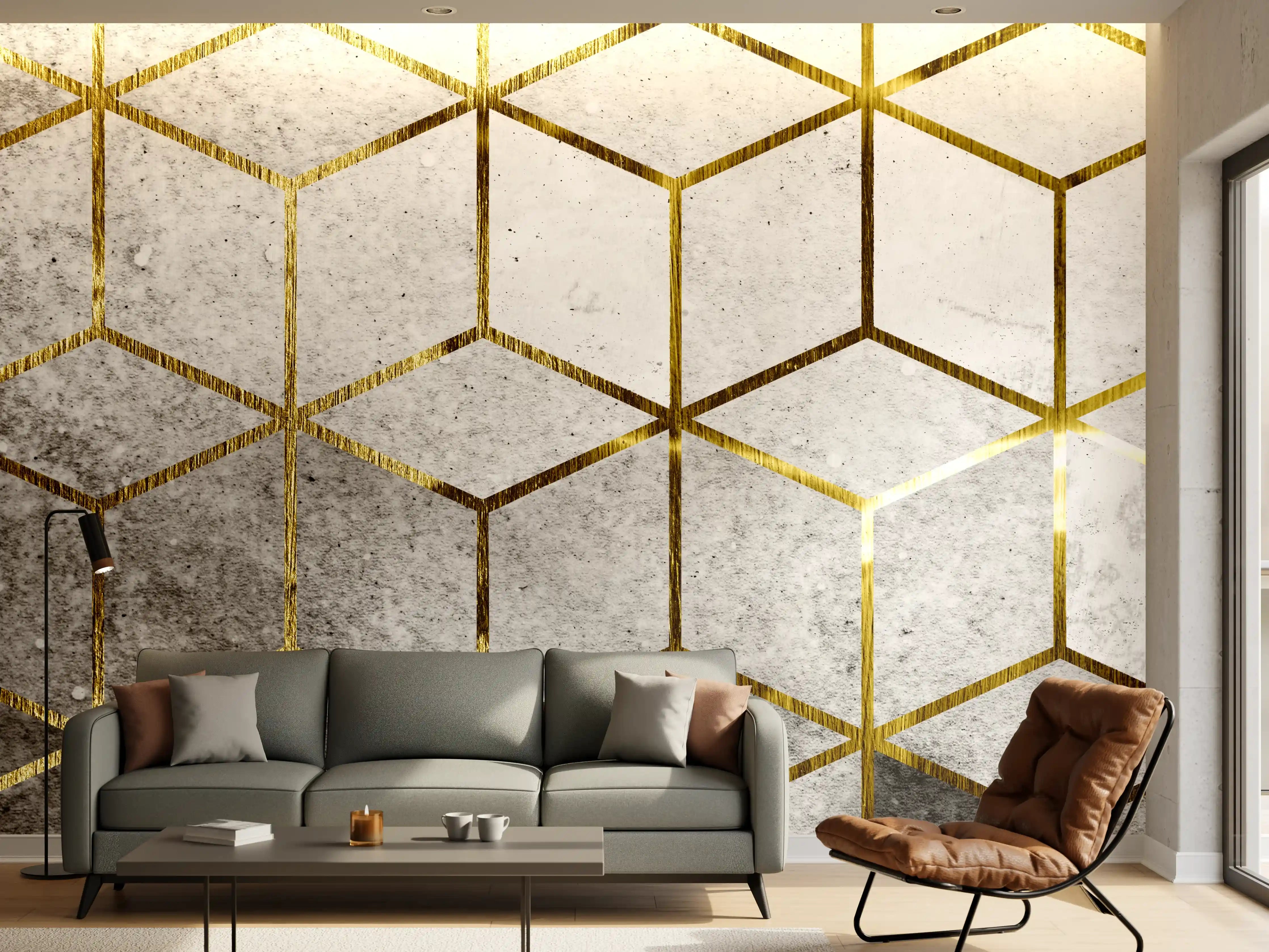 Wandverkleidung Wohnzimmer - Moderne geometrische Wandgestaltung mit Goldakzenten