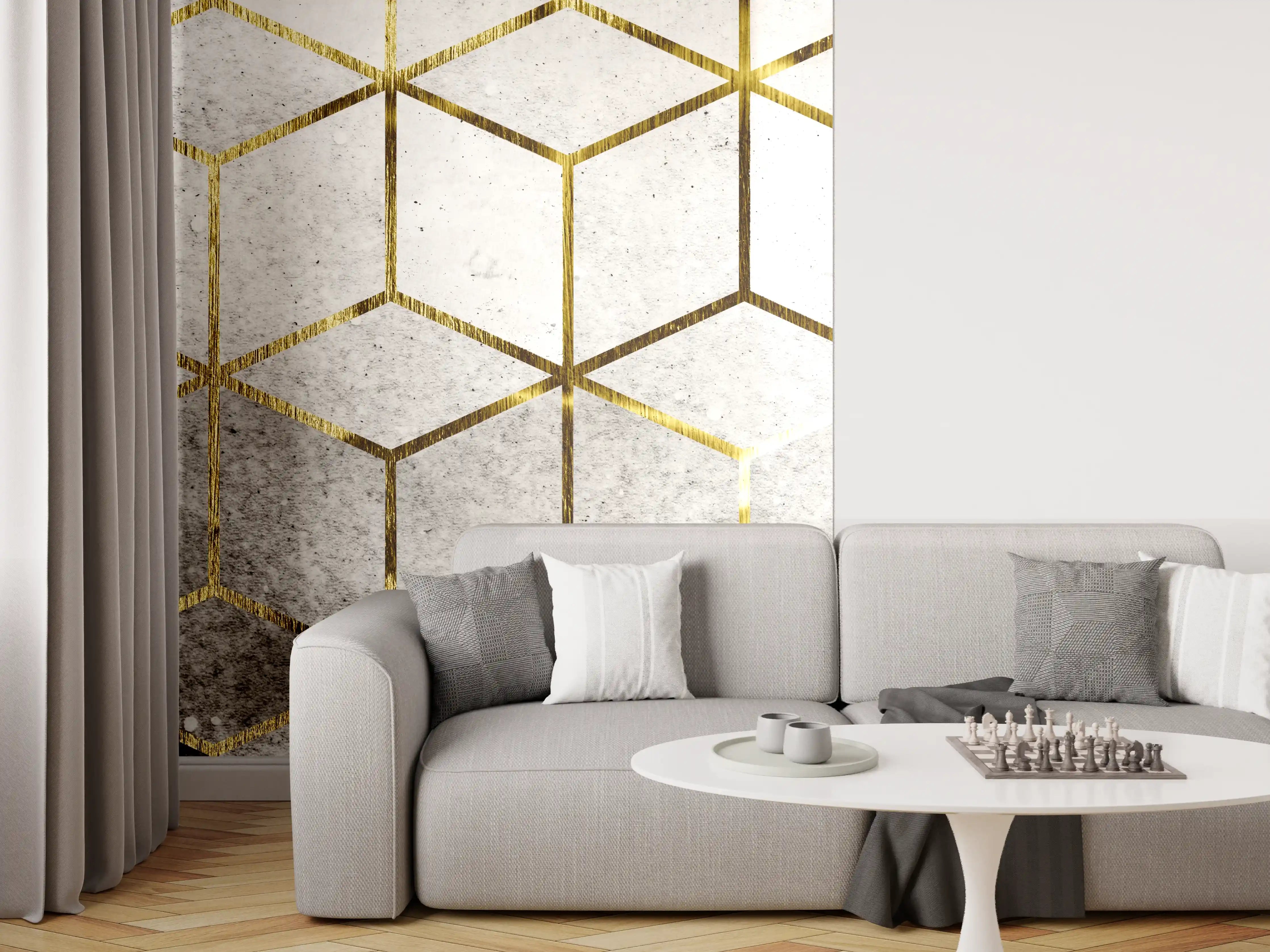 Wandverkleidung Wohnzimmer - Moderne geometrische Wandgestaltung mit Goldakzenten