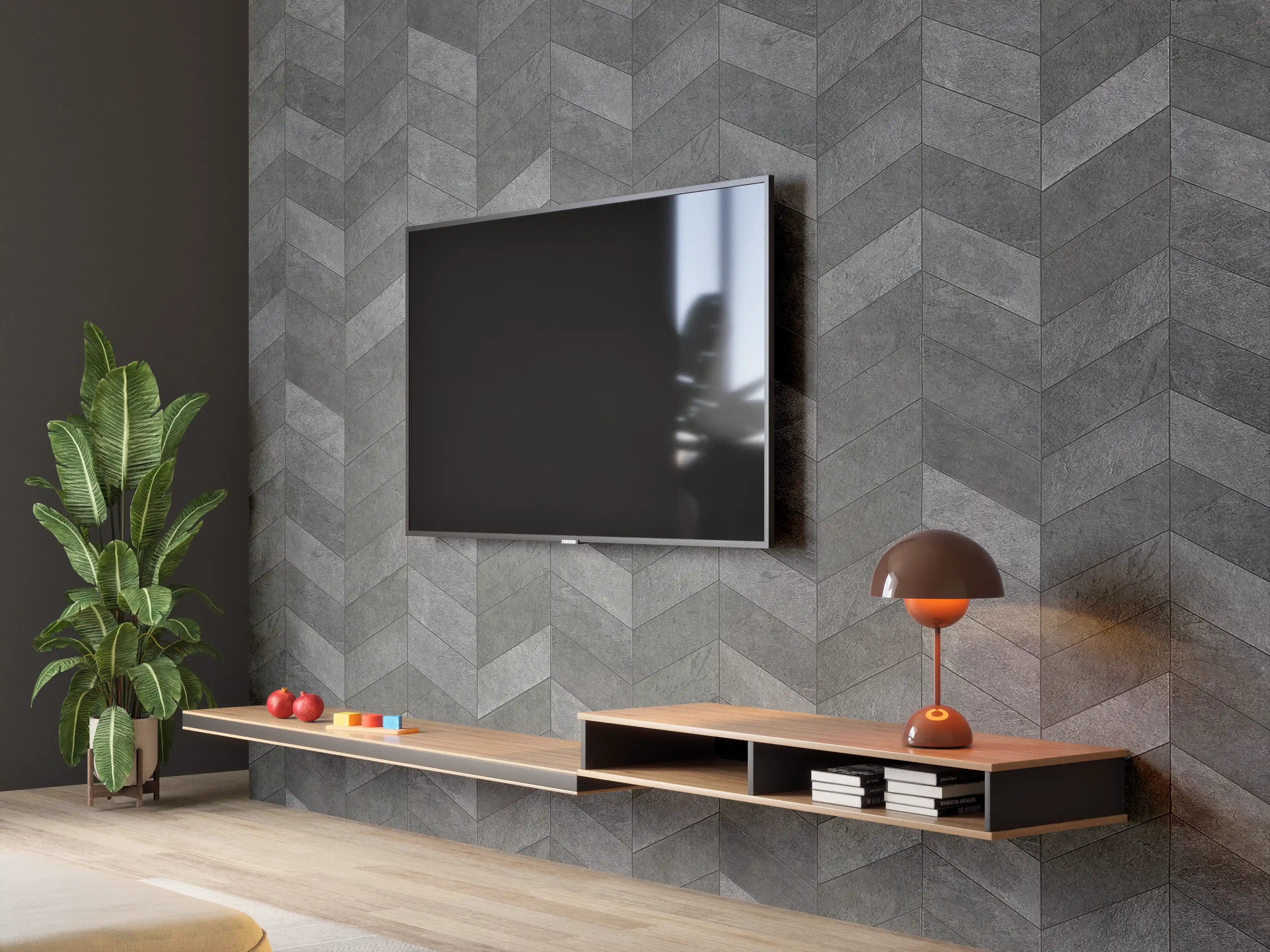 Wandverkleidung Wohnzimmer - Moderne graue Fliesen im Herringbone-Muster