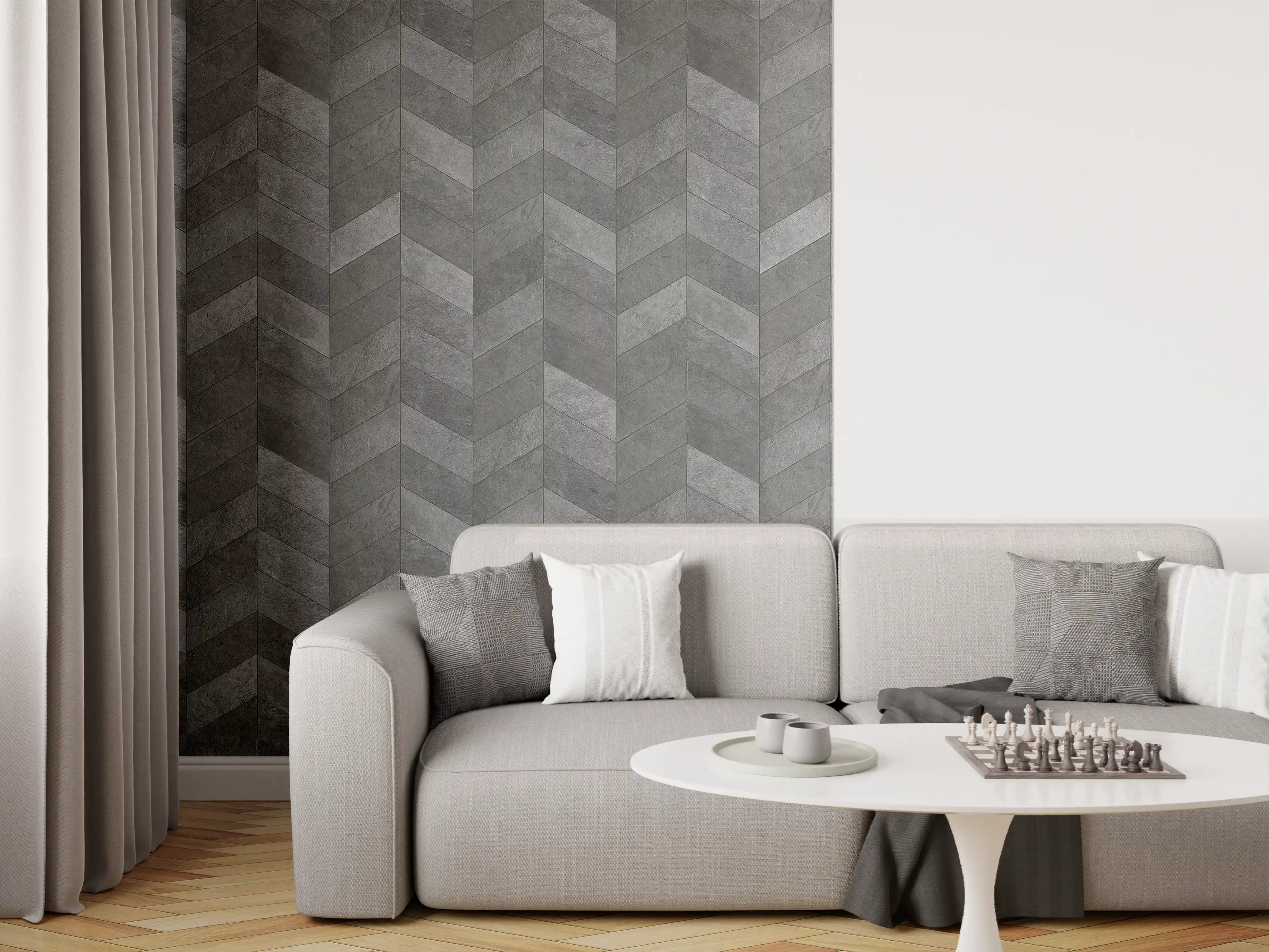 Wandverkleidung Wohnzimmer - Moderne graue Fliesen im Herringbone-Muster