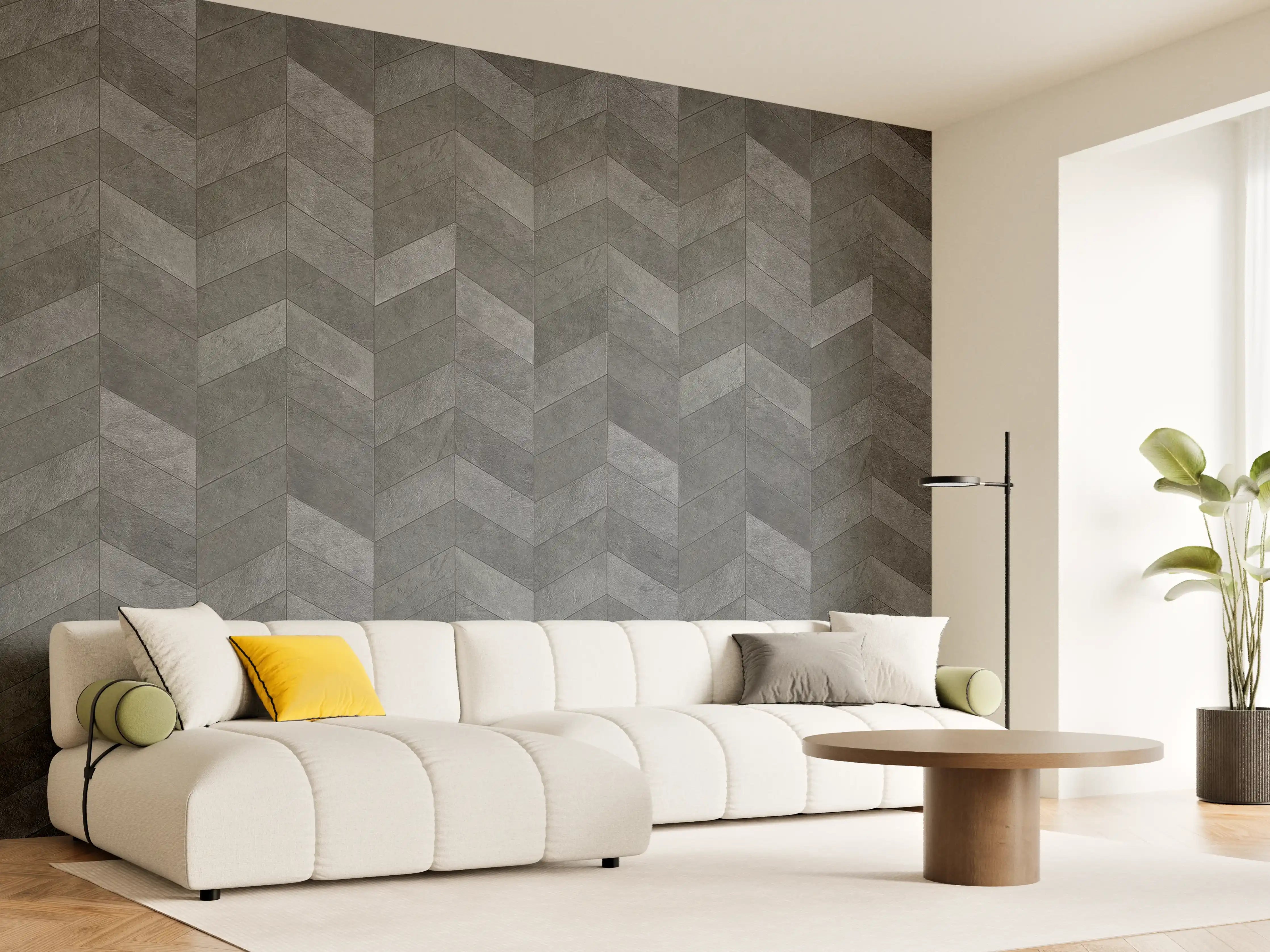 Wandverkleidung Wohnzimmer - Moderne graue Fliesen im Herringbone-Muster