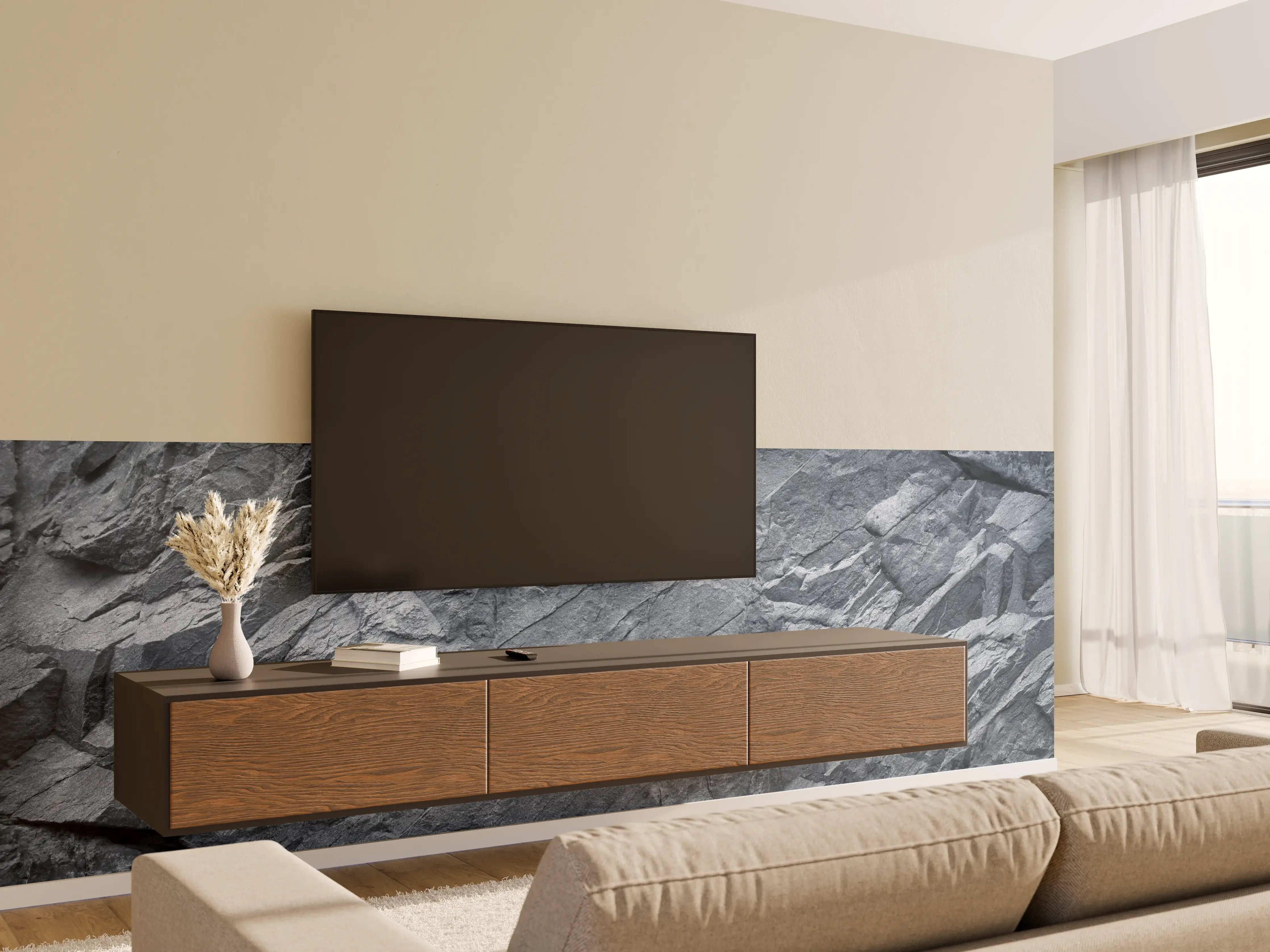 Wandverkleidung Wohnzimmer - Moderne graue Natursteinoptik