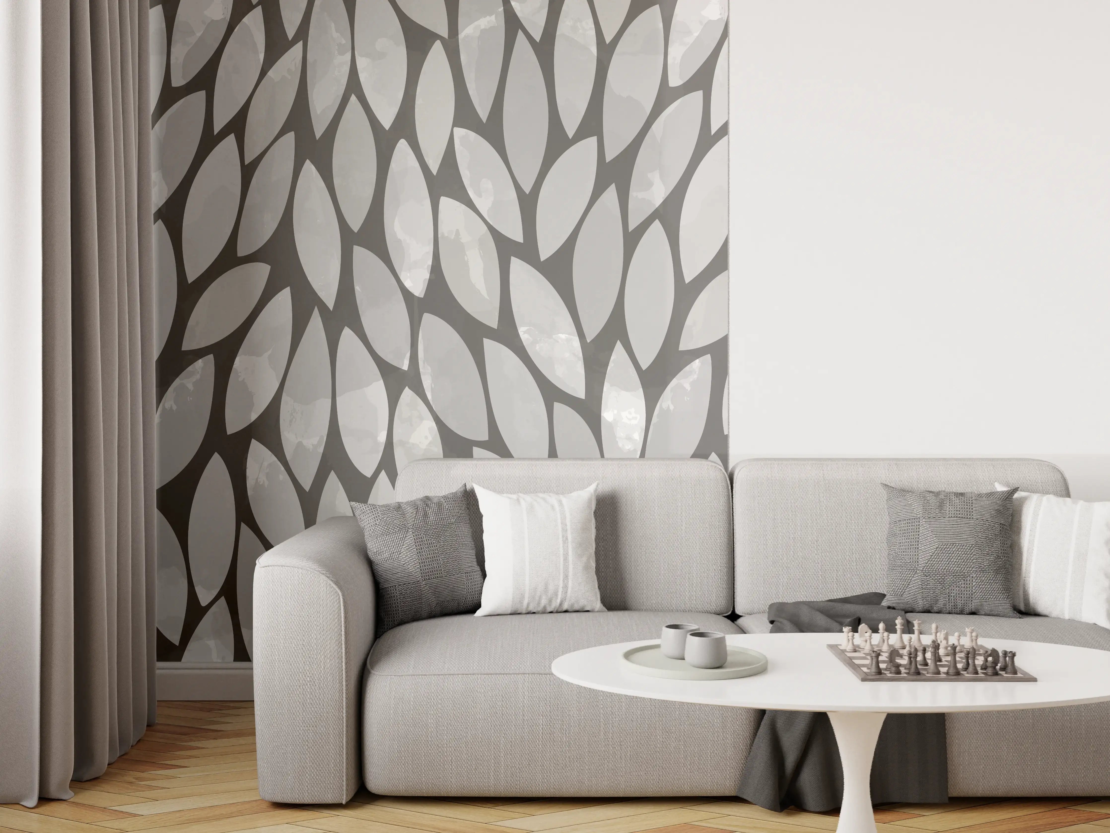 Wandverkleidung Wohnzimmer - Moderne graue Tapete mit Blattmuster