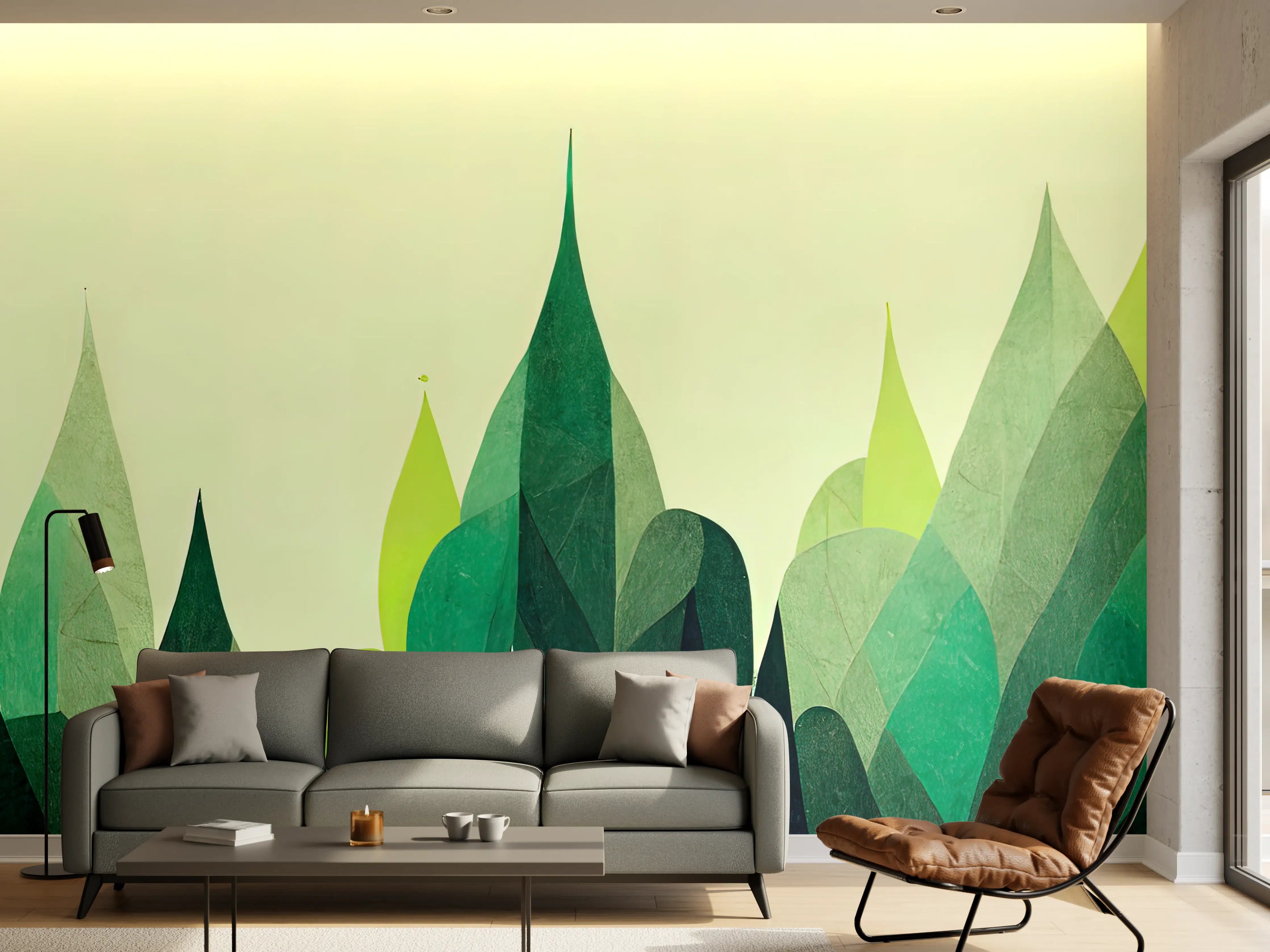 Wandverkleidung Wohnzimmer - Moderne grüne Landschaftsillustration