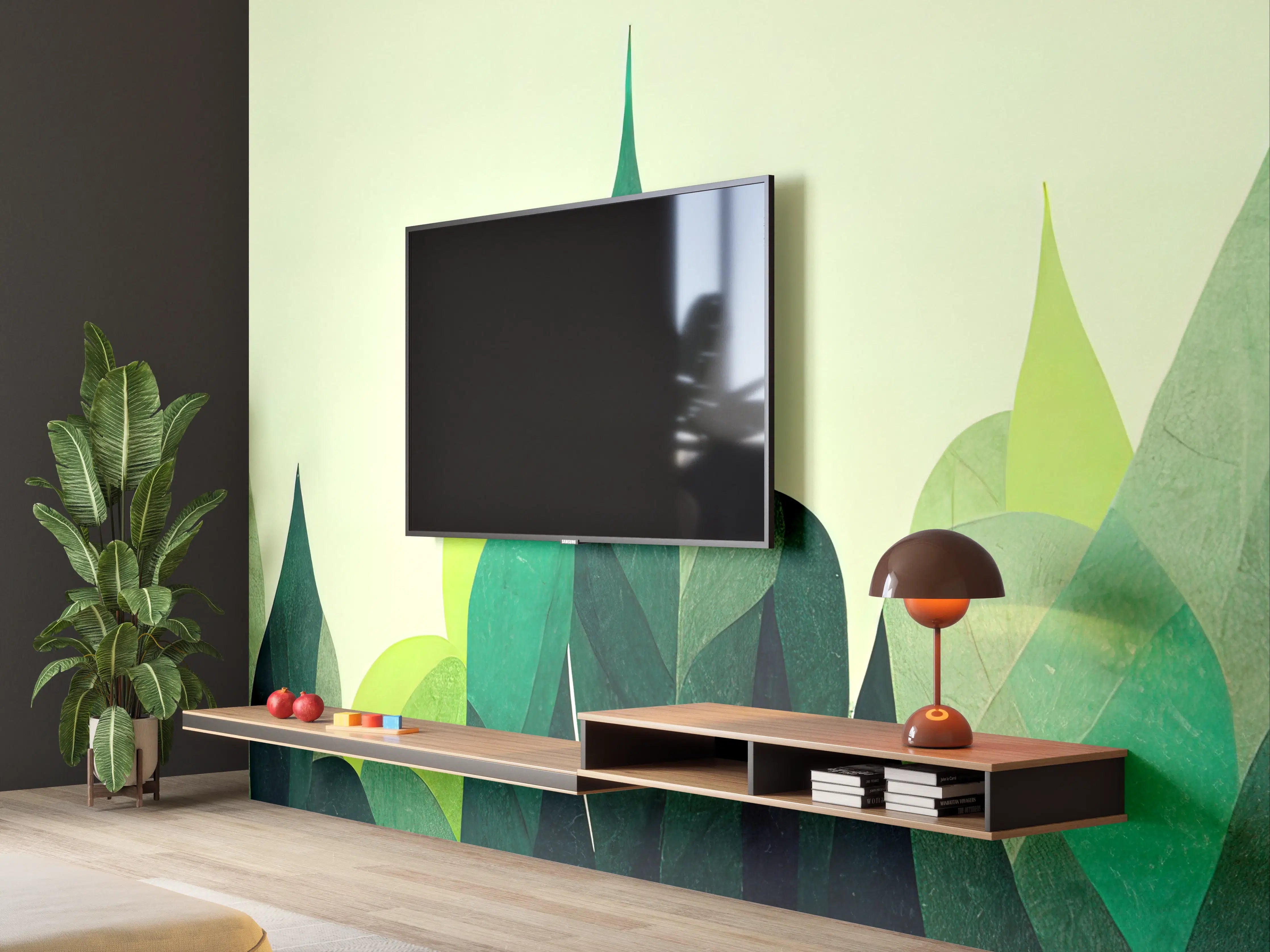 Wandverkleidung Wohnzimmer - Moderne grüne Landschaftsillustration
