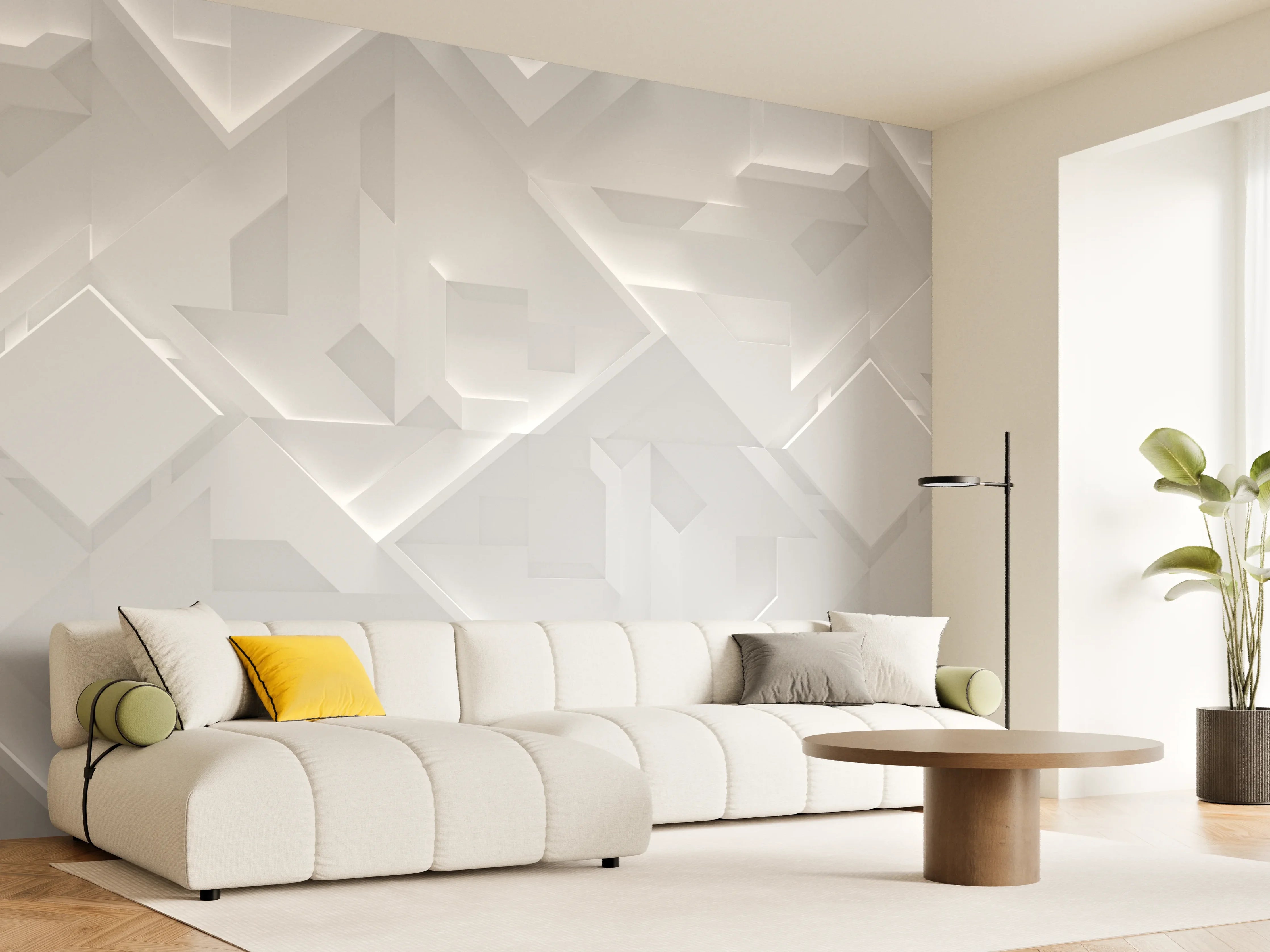 Wandverkleidung Wohnzimmer - Moderne helle Fliesen mit Lichtreflexen