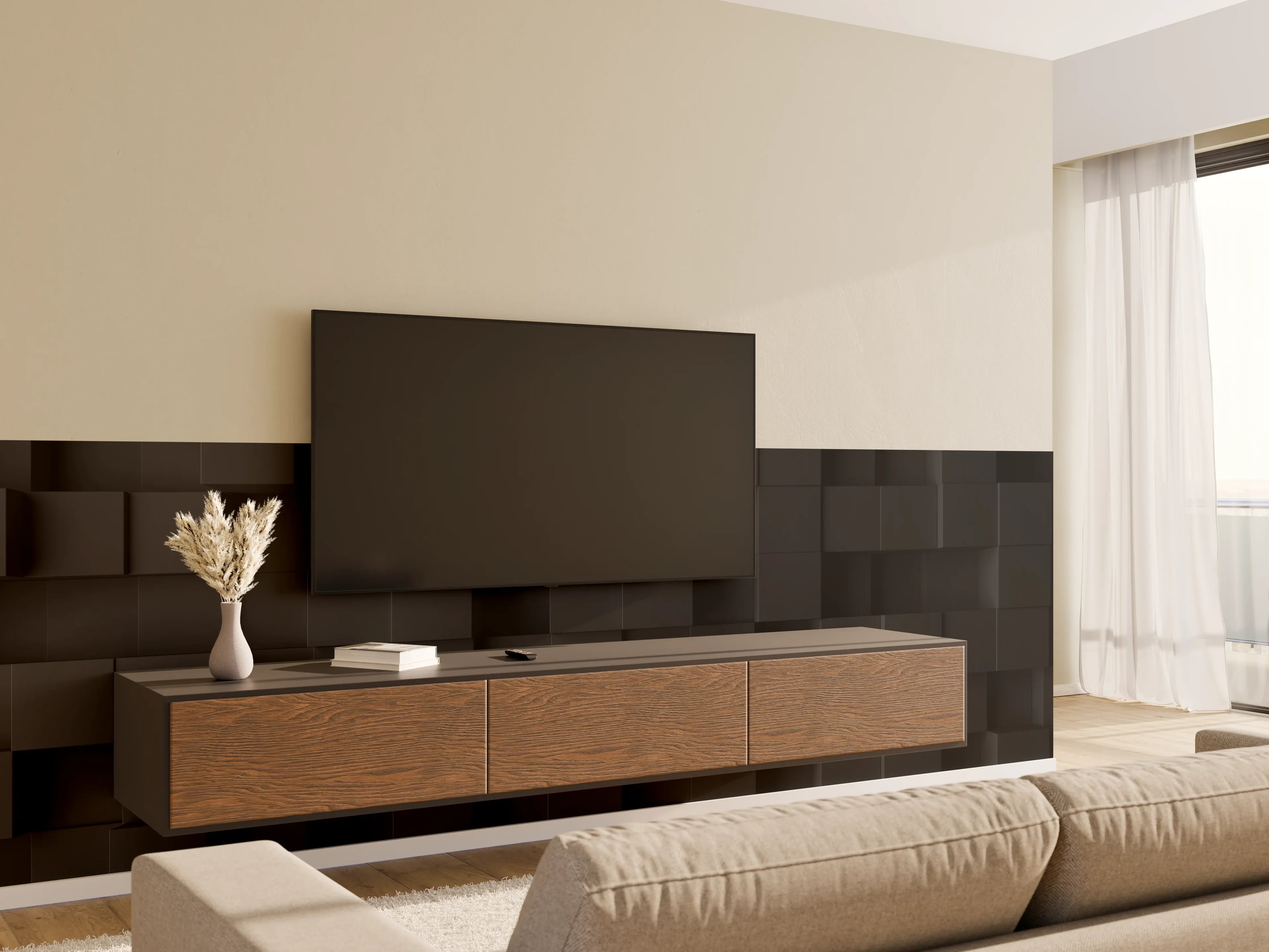 Wandverkleidung Wohnzimmer - Moderne schwarze 3D-Wandpaneele