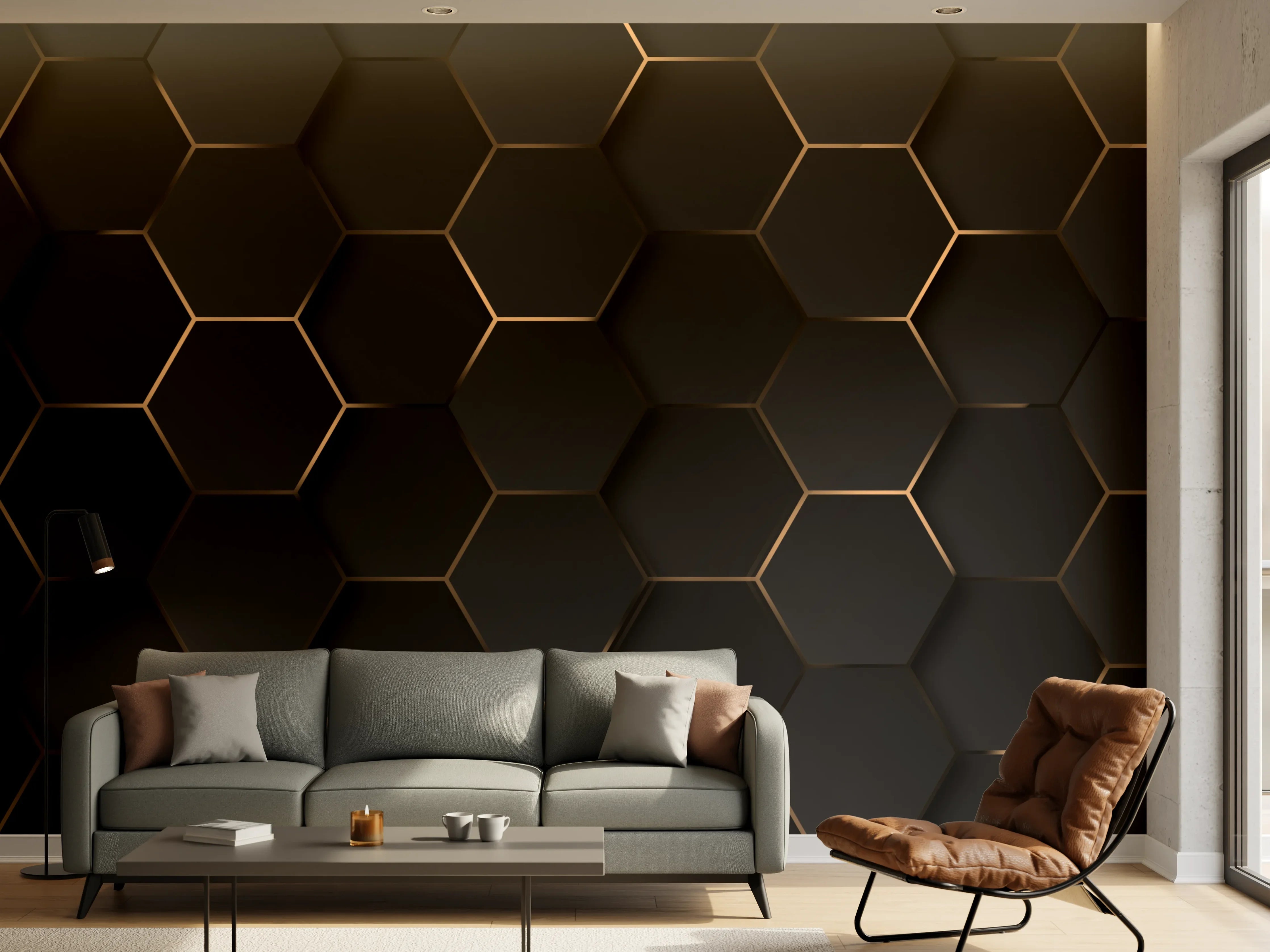 Wandverkleidung Wohnzimmer - Moderne schwarze Fliesen mit Goldkanten