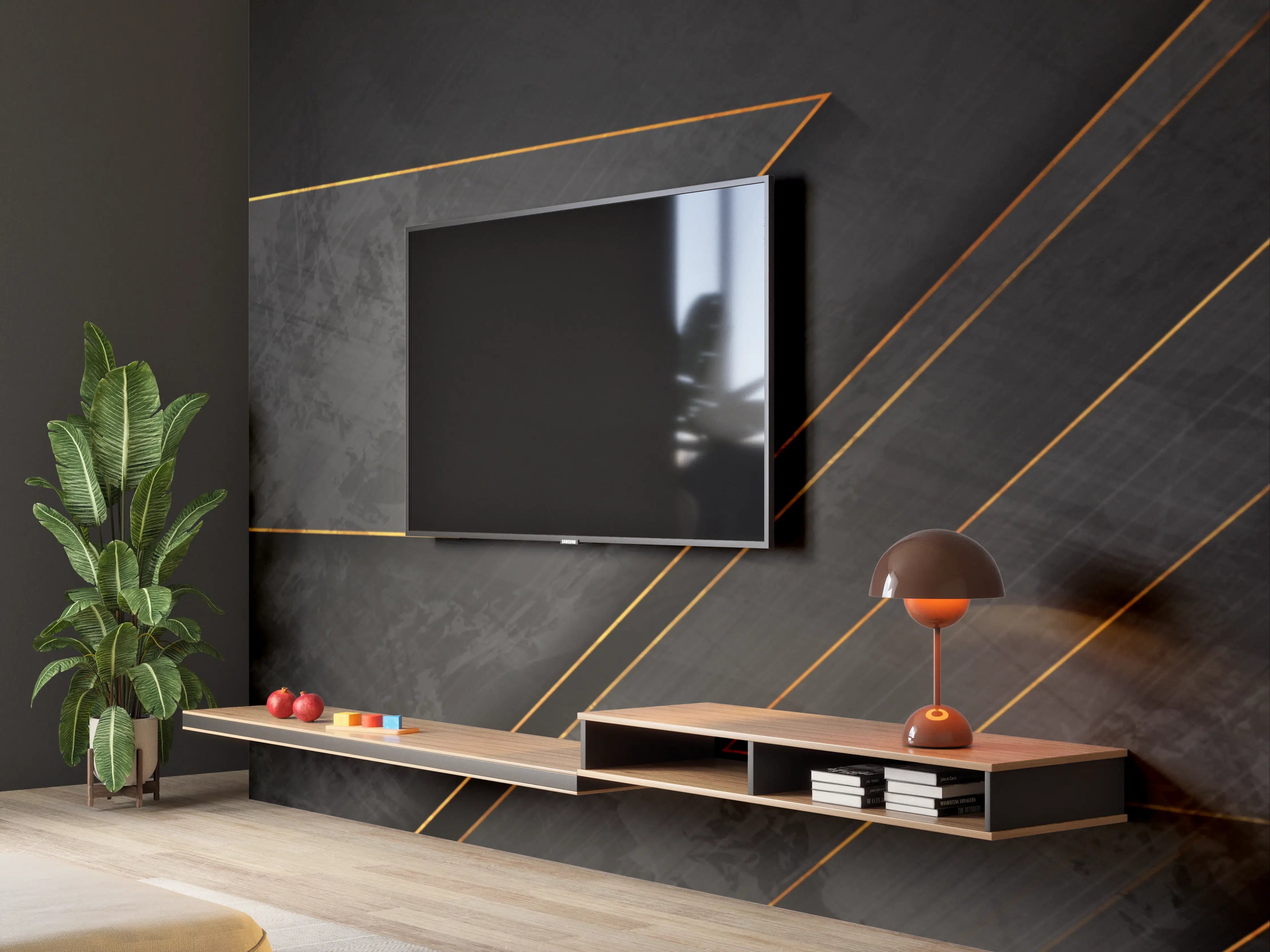 Wandverkleidung Wohnzimmer - Moderne schwarze Oberfläche mit Goldakzenten